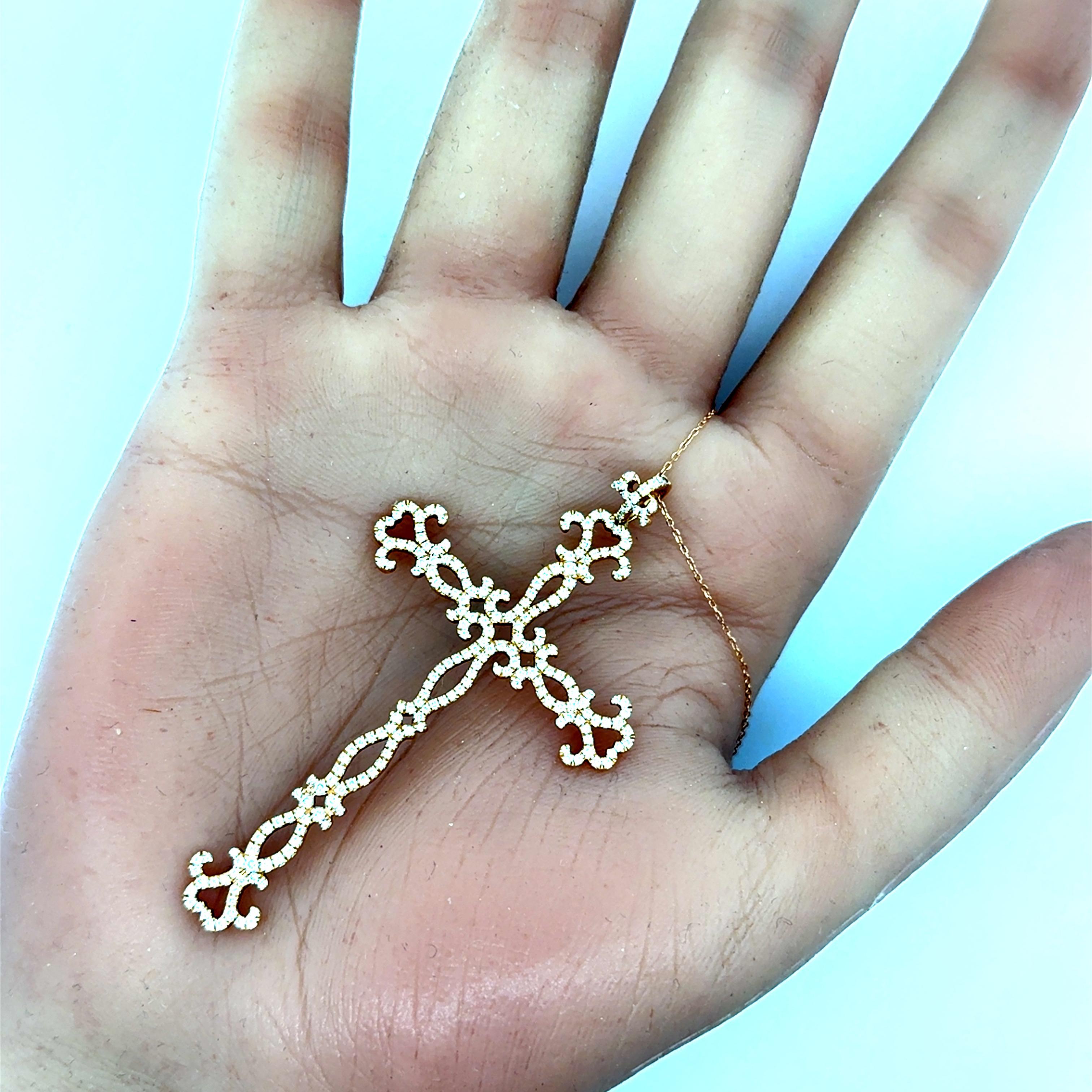 Diamond 18k Rose Gold Antique-Style Cross Pendant Necklace In New Condition For Sale In Beverly Hills, CA
