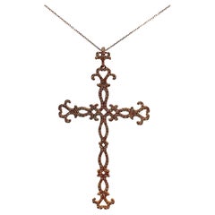 Diamond 18k Rose Gold Antique-Style Cross Pendant Necklace