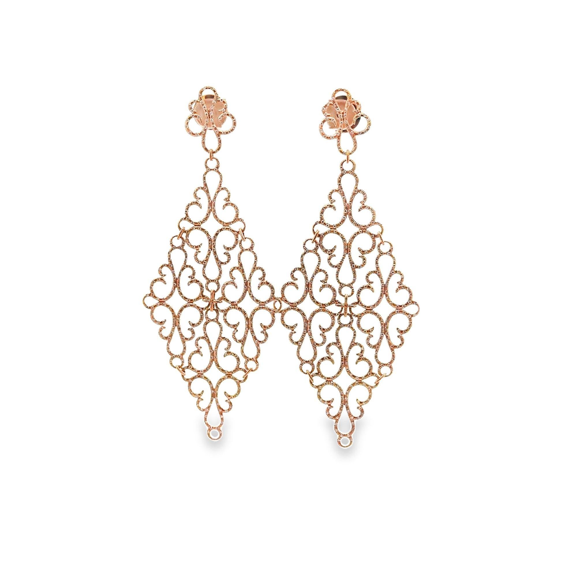 Diamond 18k Rose Gold Filigree Chandelier Earrings In New Condition For Sale In Beverly Hills, CA