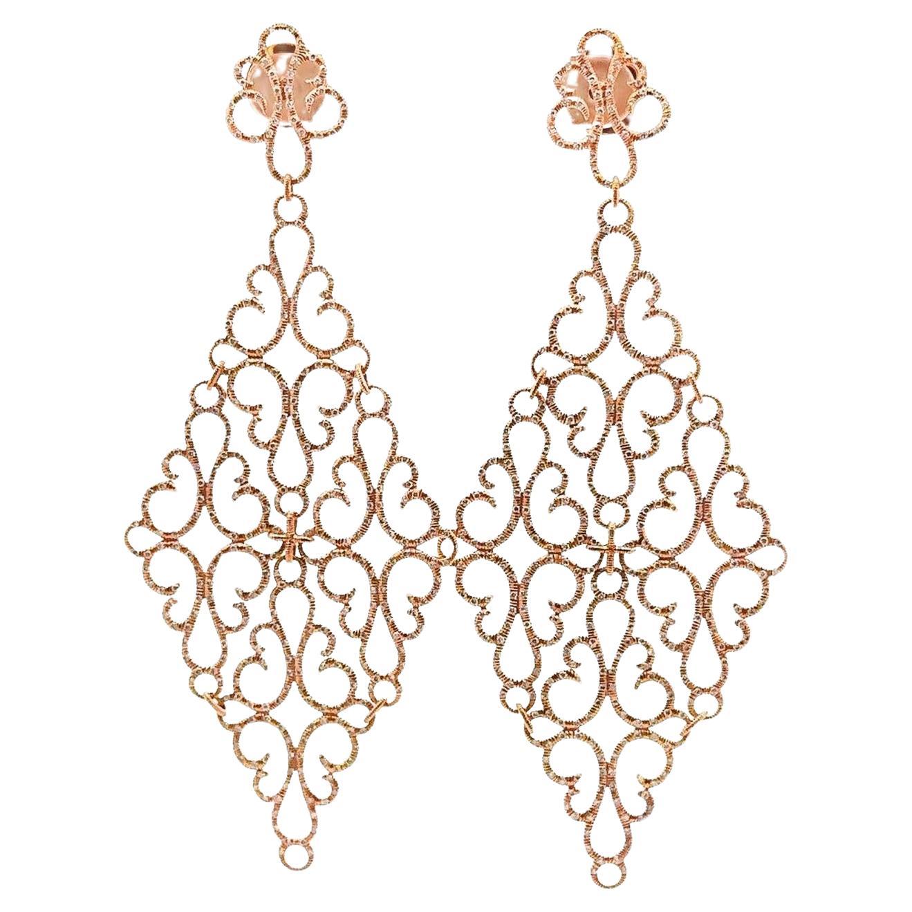 Diamond 18k Rose Gold Filigree Chandelier Earrings