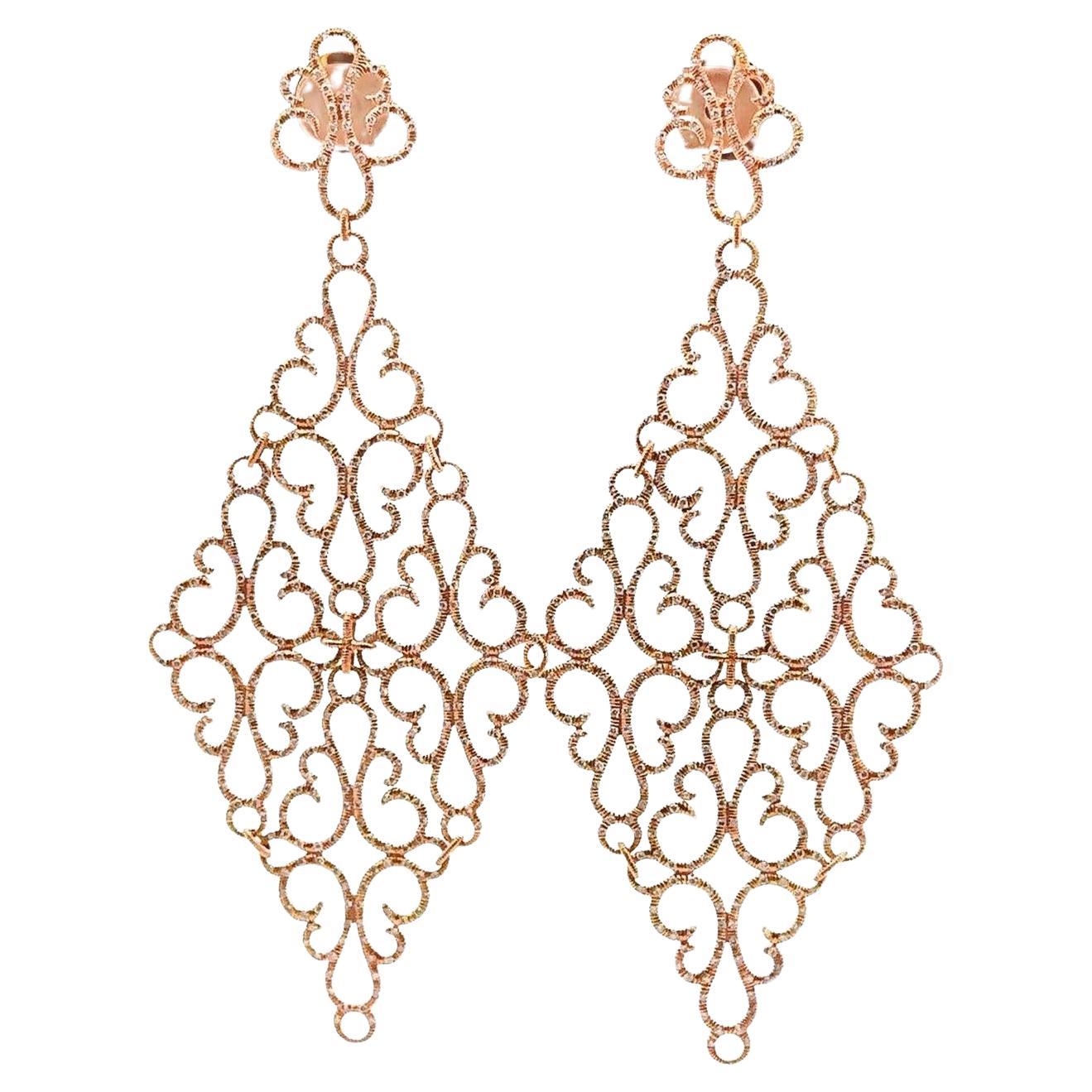 Filigrane Chandelier-Ohrringe, Diamant 18 Karat Roségold