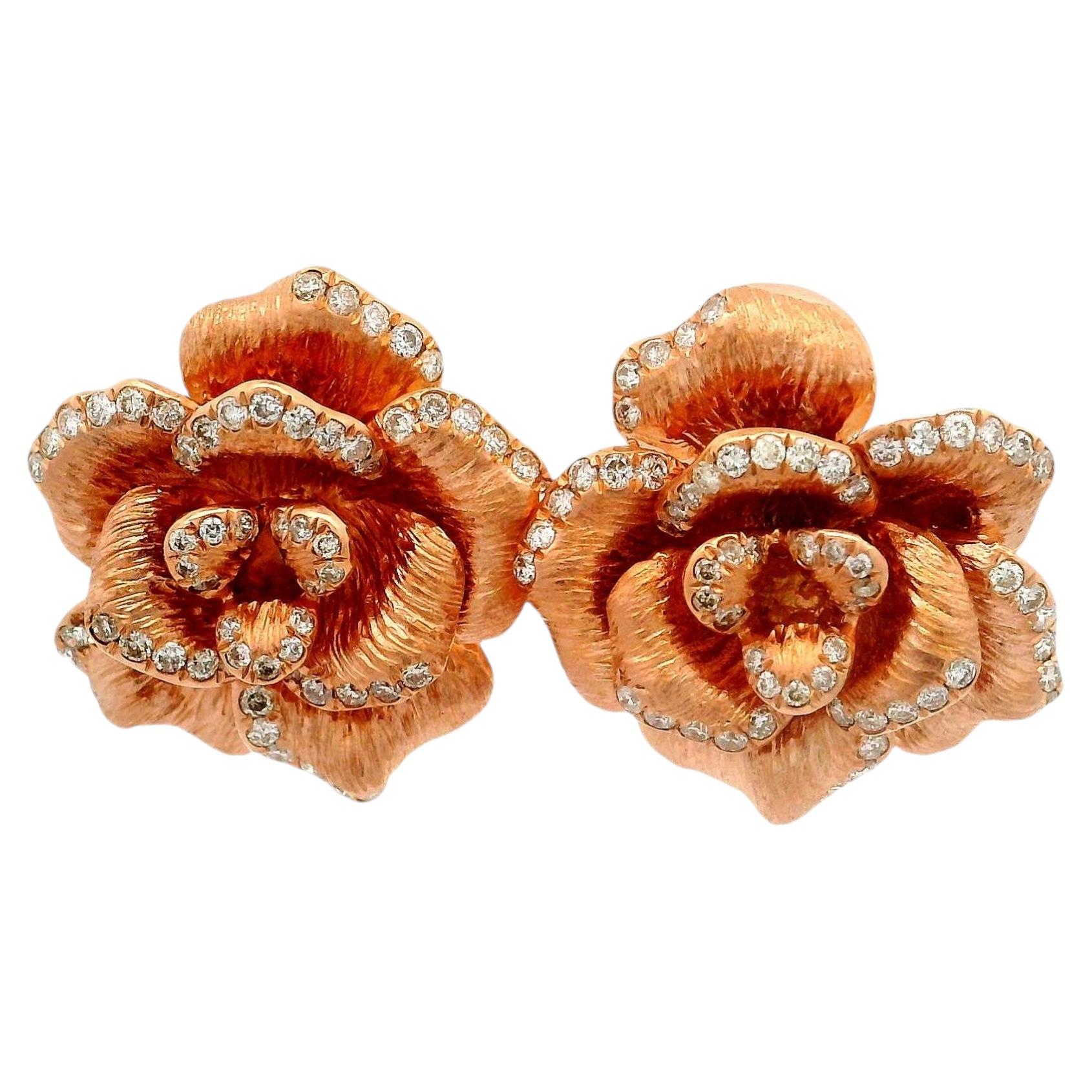 Diamond 18K Rose Gold Rose Motif Earrings