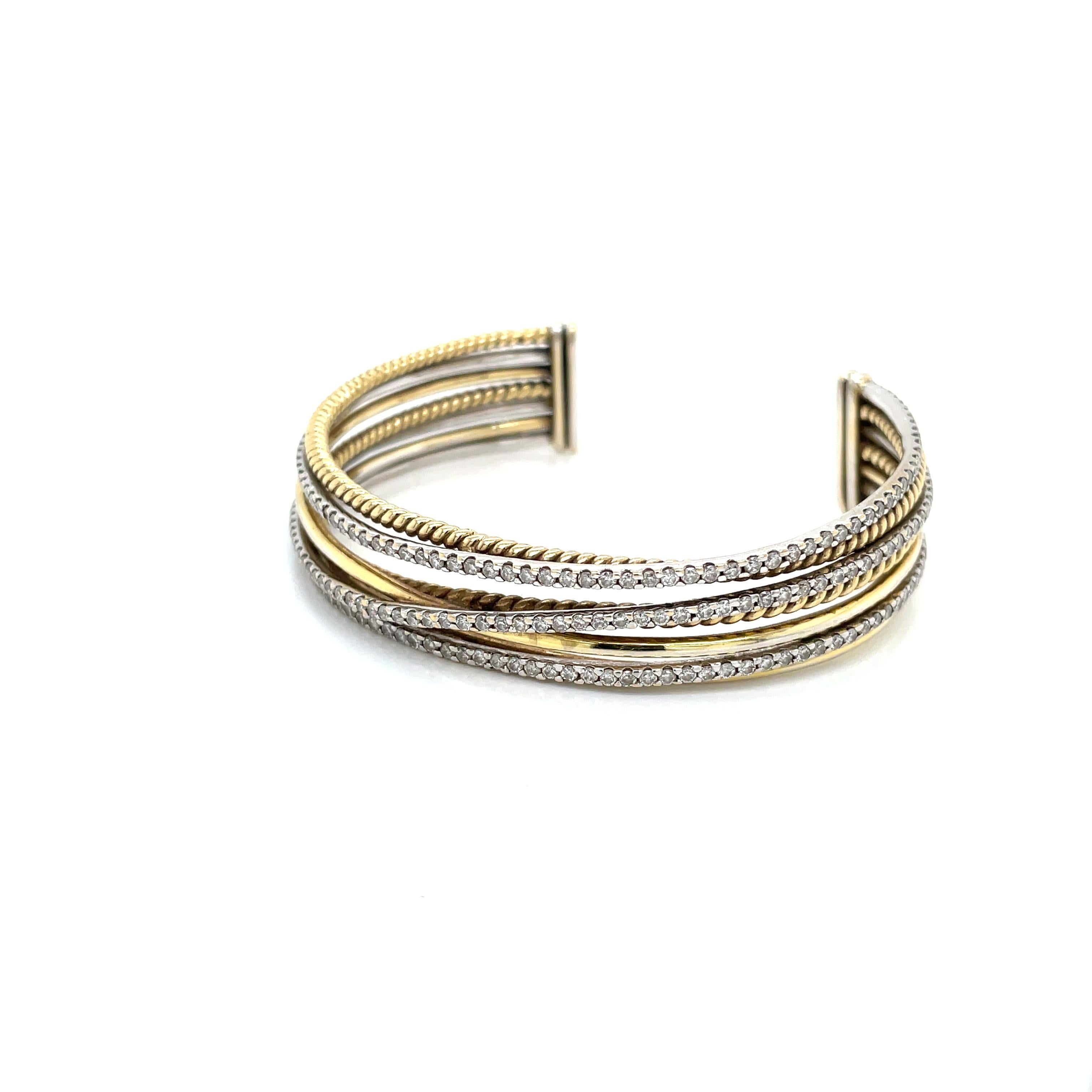 Diamond 18K White and Yellow Gold Wrap Cuff Bracelet For Sale 5