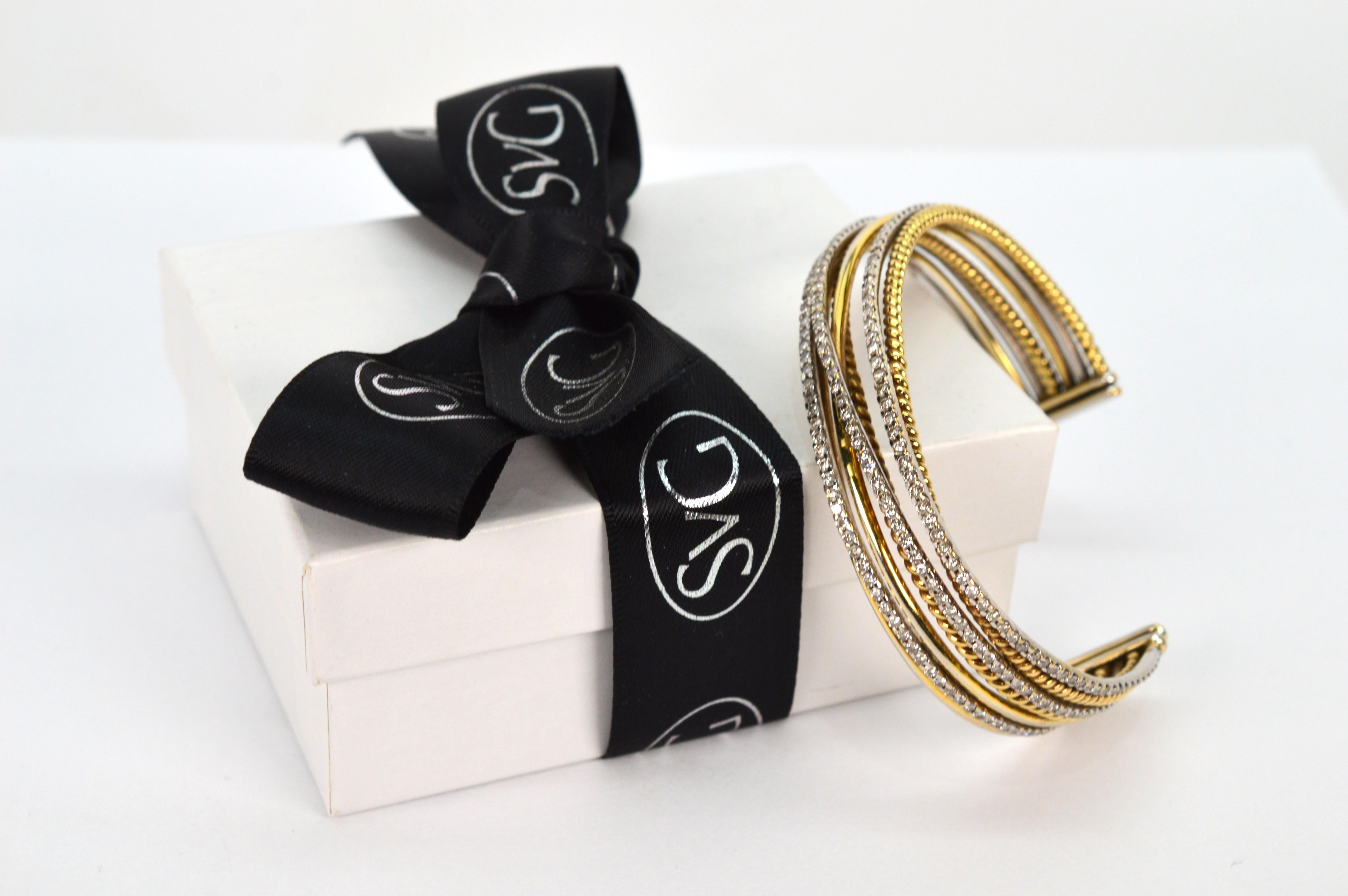 Diamond 18K White and Yellow Gold Wrap Cuff Bracelet For Sale 6