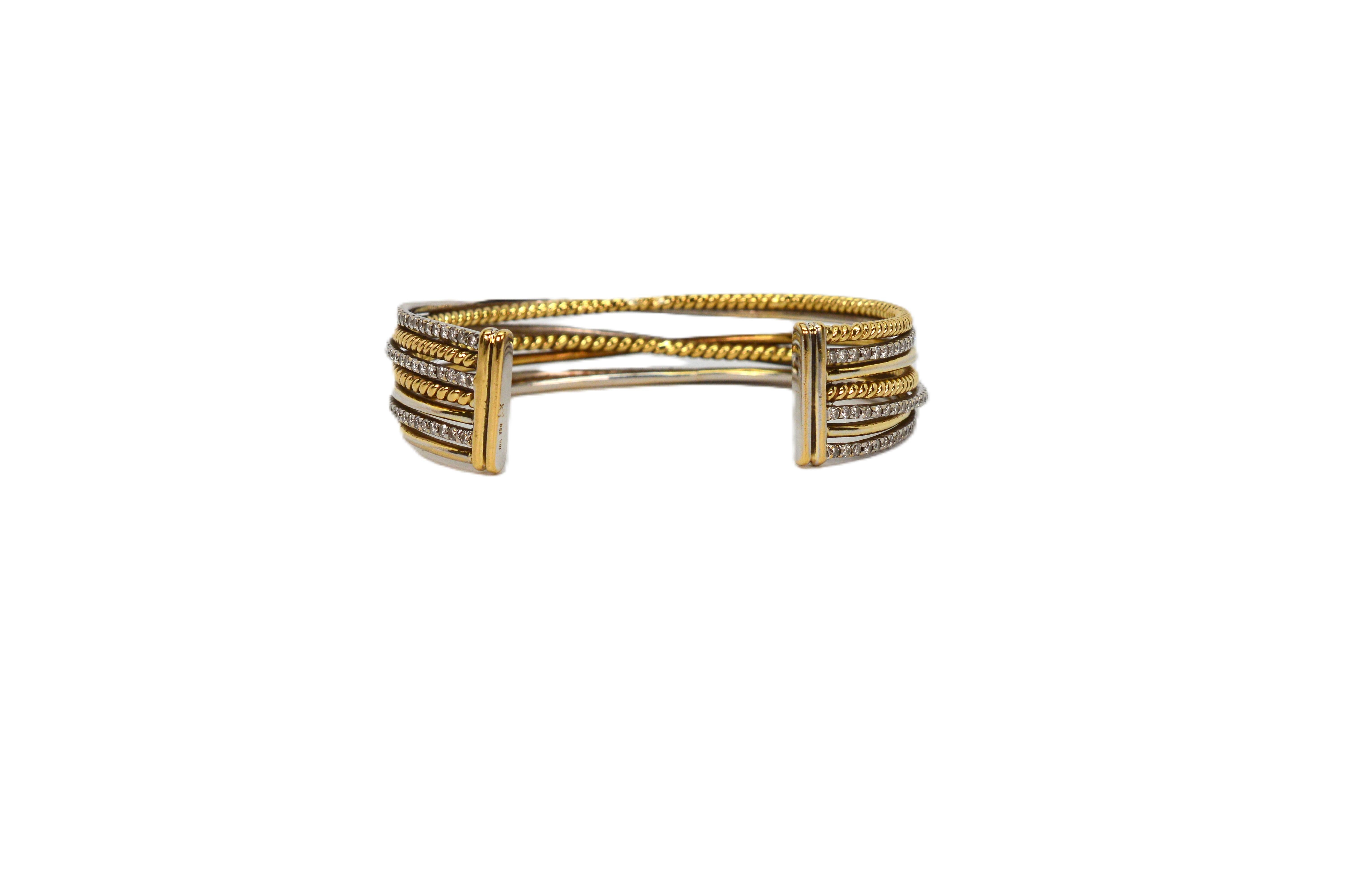 Round Cut Diamond 18K White and Yellow Gold Wrap Cuff Bracelet For Sale