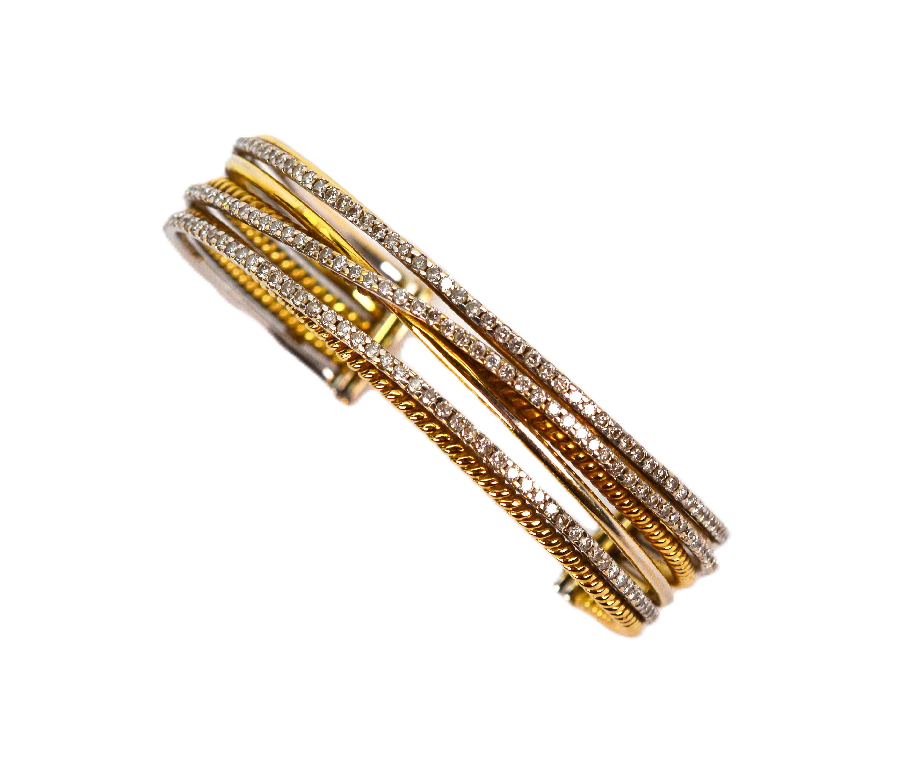 Diamond 18K White and Yellow Gold Wrap Cuff Bracelet In Excellent Condition For Sale In Mount Kisco, NY
