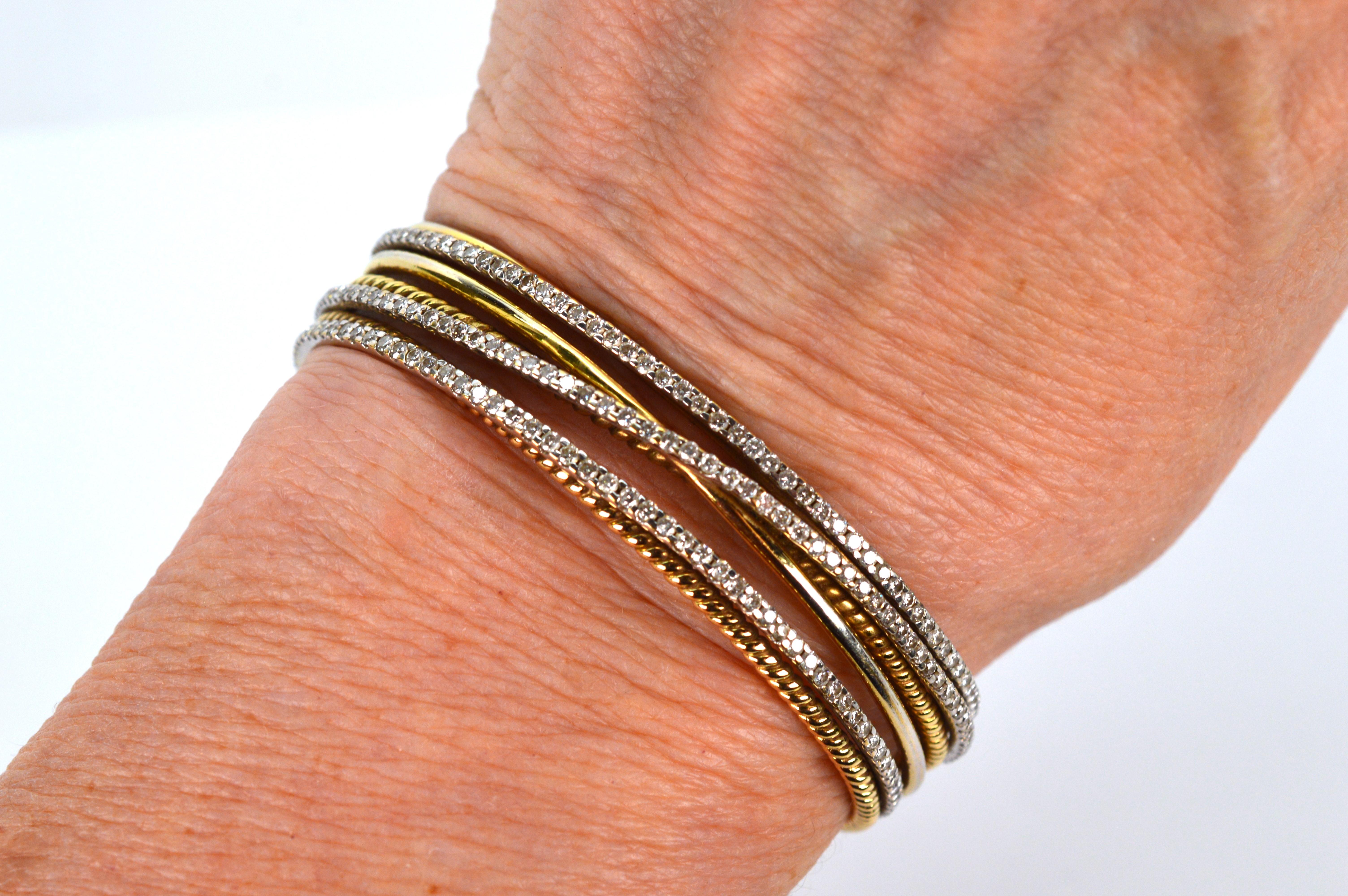 Women's or Men's Diamond 18K White and Yellow Gold Wrap Cuff Bracelet For Sale