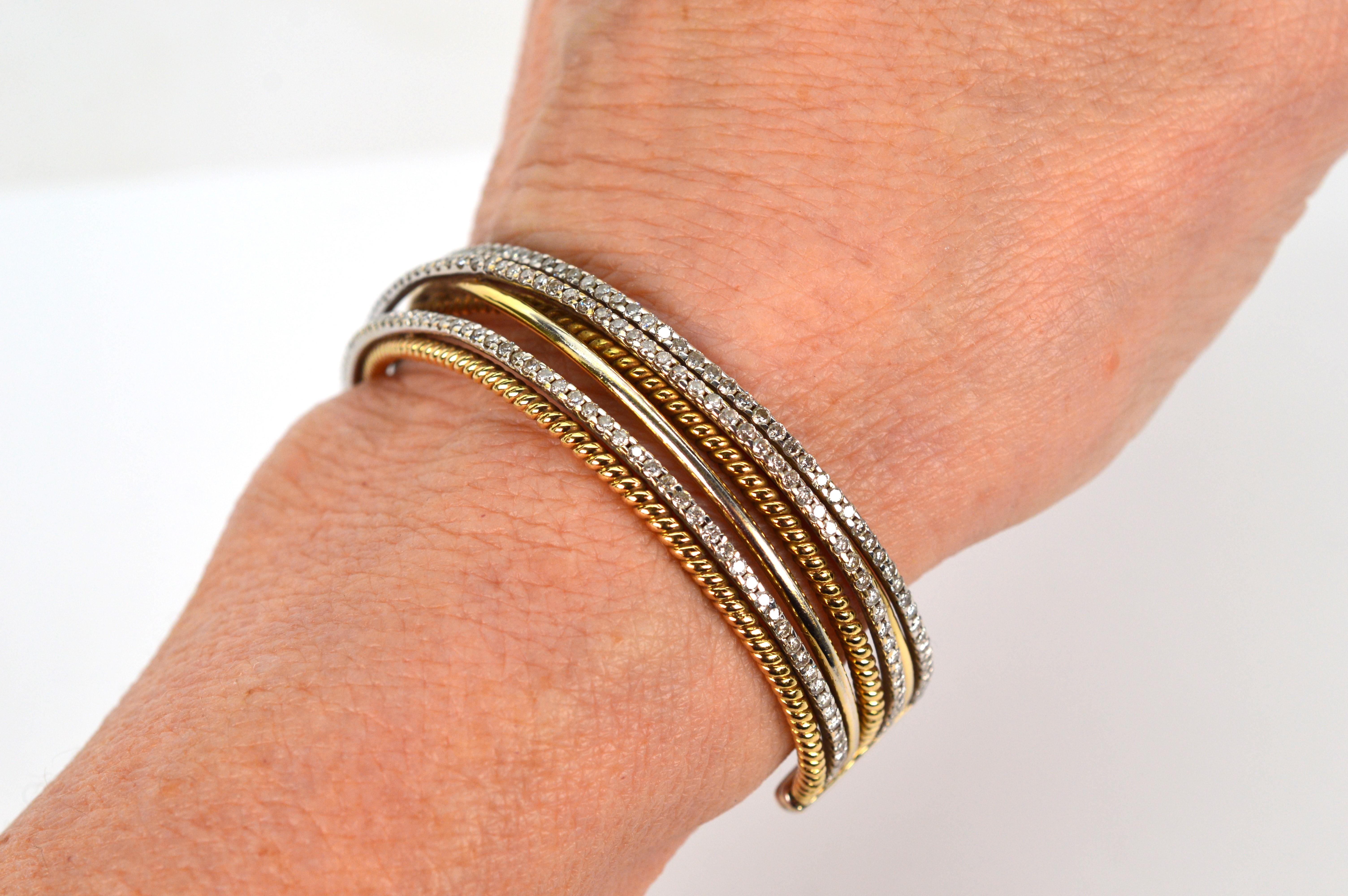 Diamond 18K White and Yellow Gold Wrap Cuff Bracelet For Sale 1