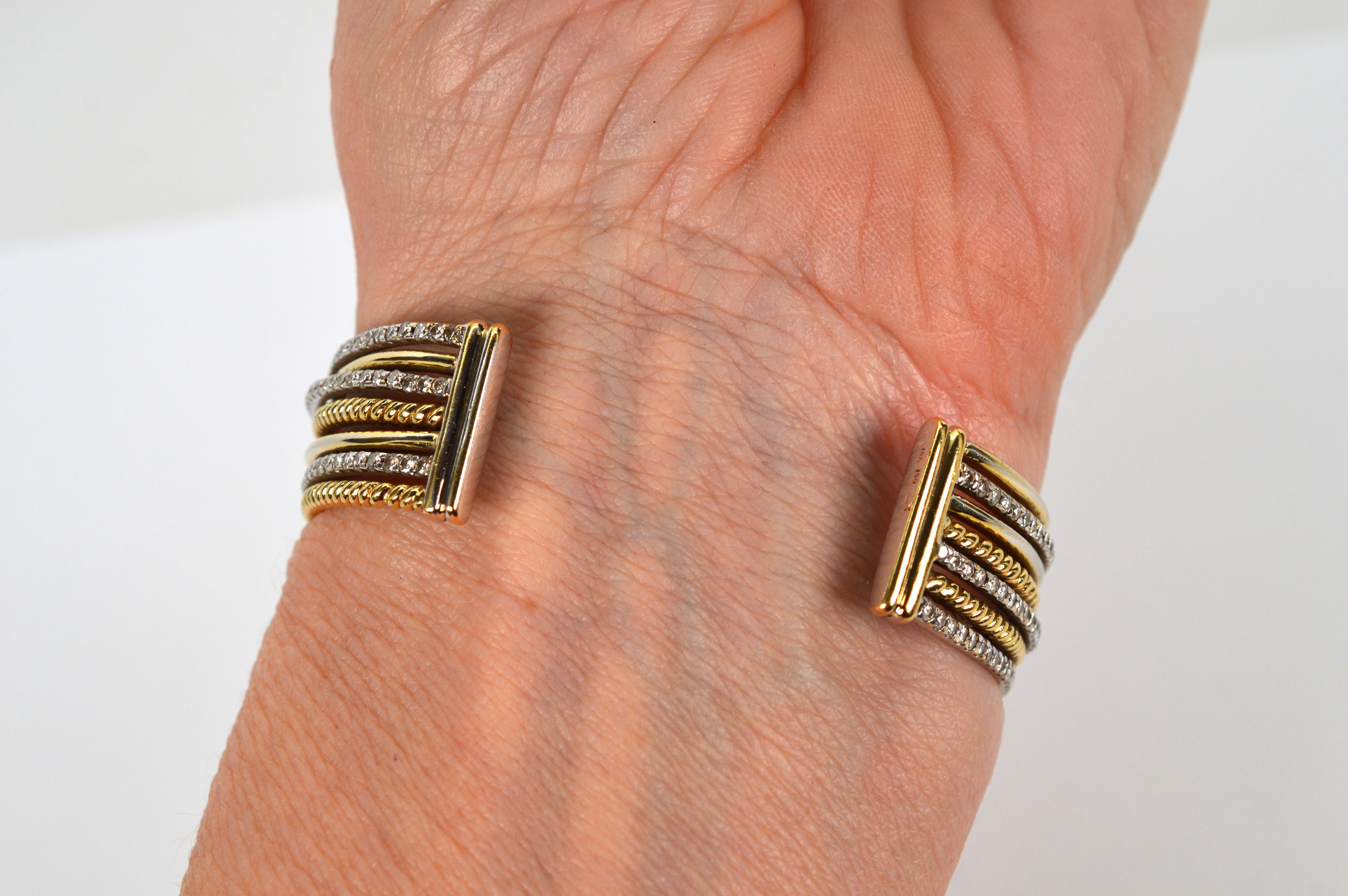 Diamond 18K White and Yellow Gold Wrap Cuff Bracelet For Sale 2