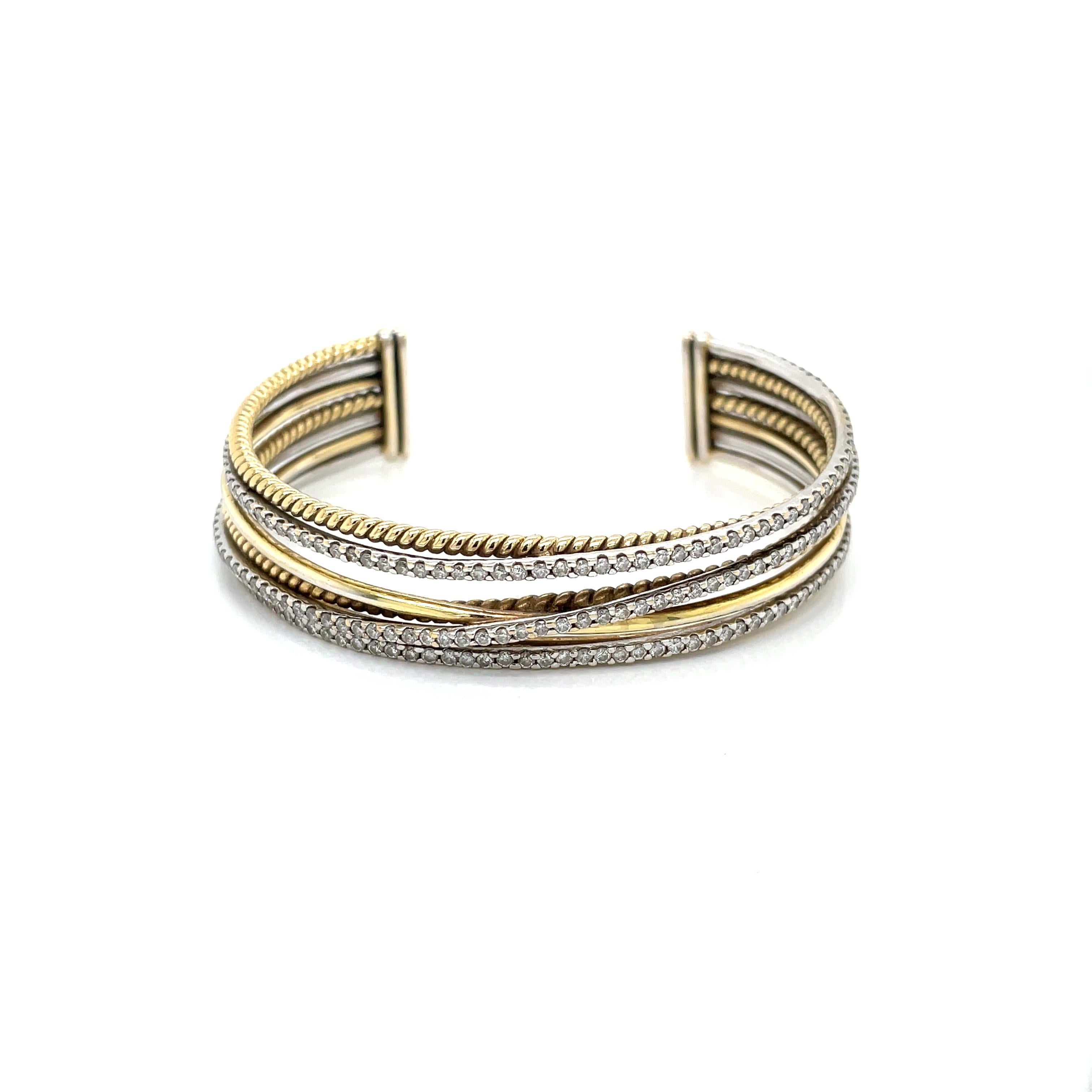 Diamond 18K White and Yellow Gold Wrap Cuff Bracelet For Sale 3