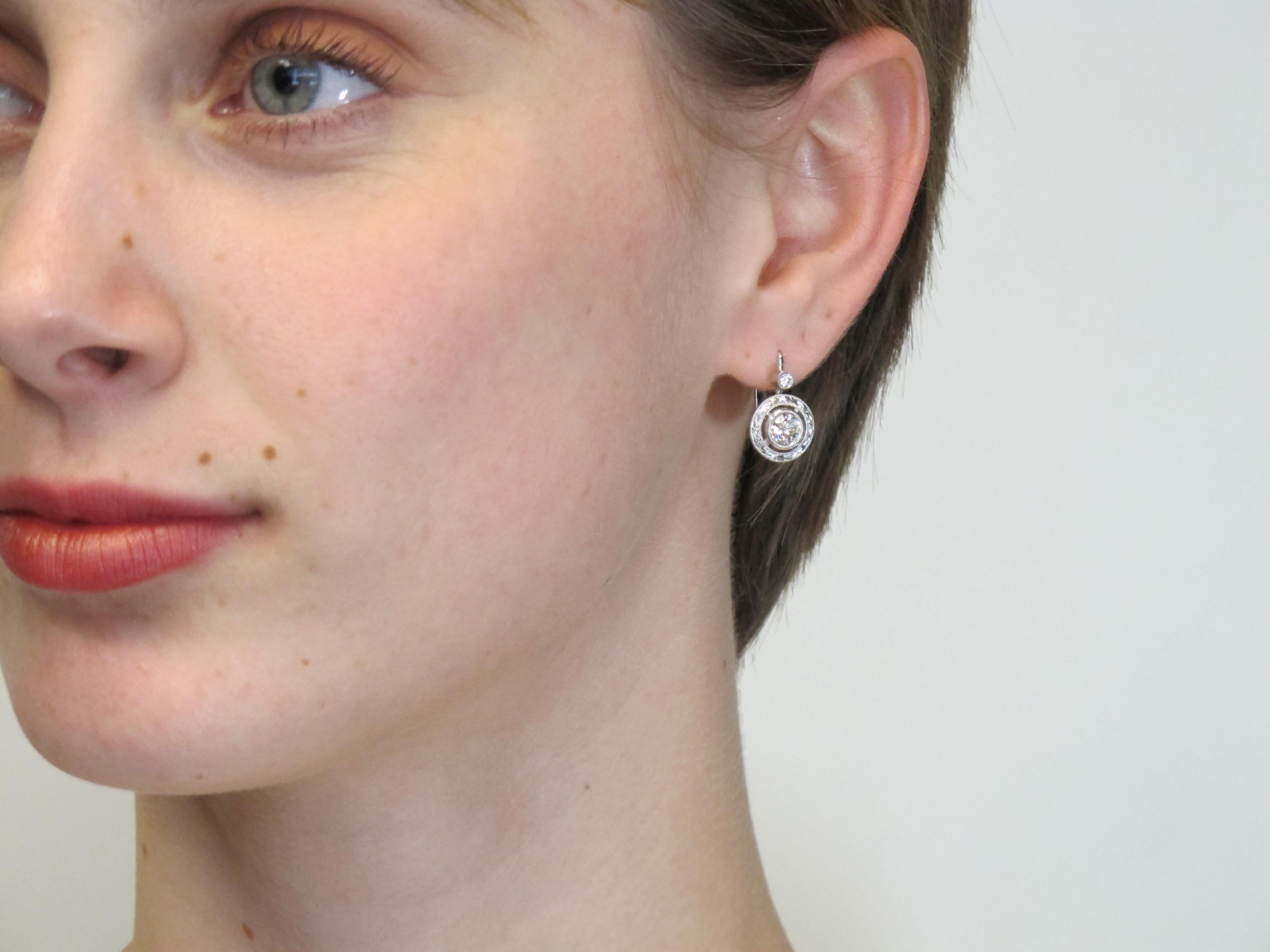 Women's Diamond Drop Earrings in Engraved 18k White Gold, .56 Carat Total  For Sale
