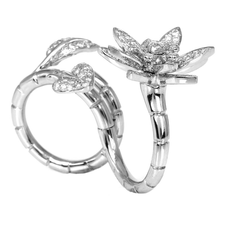 Modern Diamond 18K White Gold Flower Leaf Double Link Band Convertible Ring For Sale