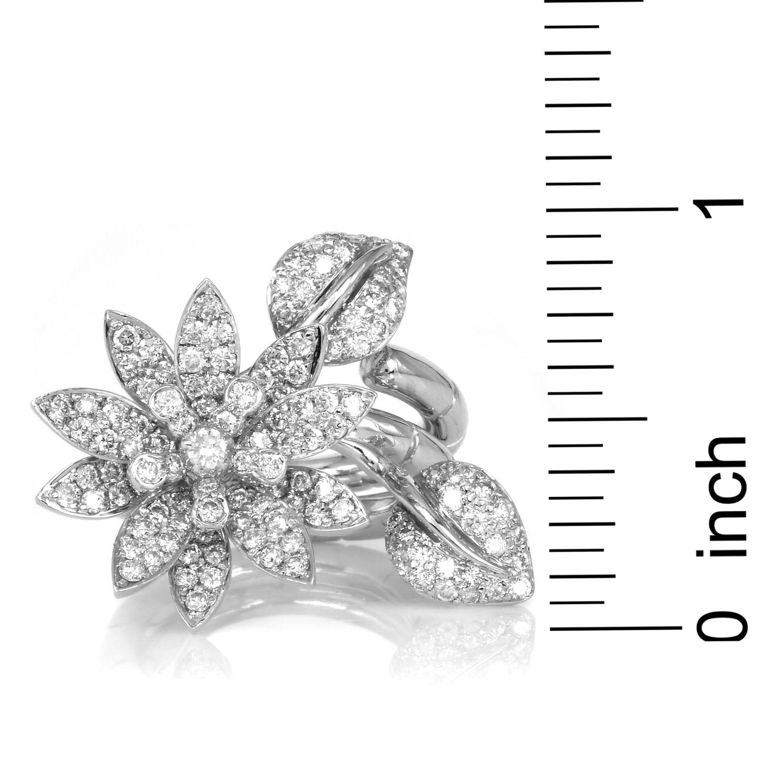 Round Cut Diamond 18K White Gold Flower Leaf Double Link Band Convertible Ring