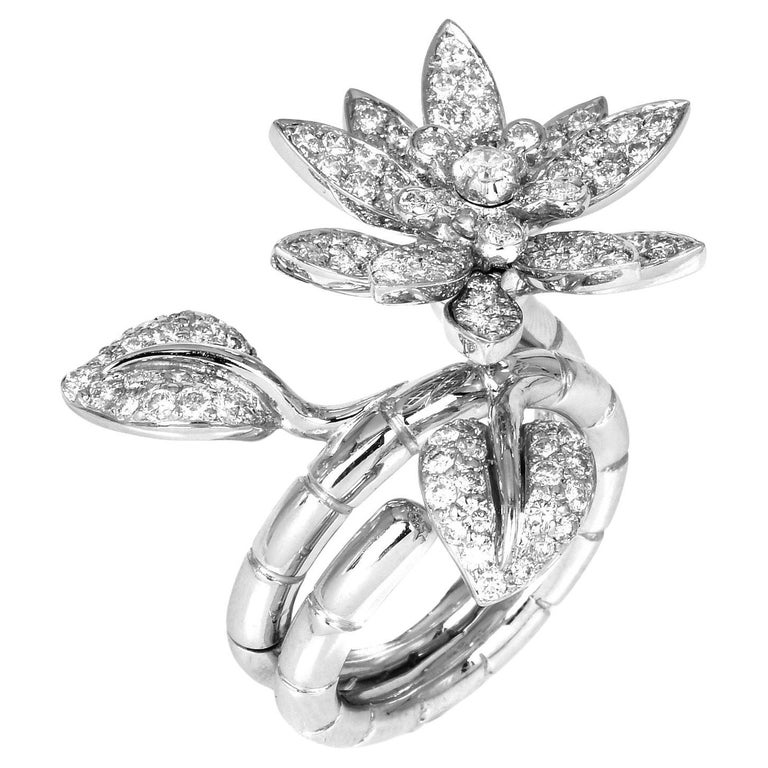 Diamond 18K White Gold Flower Leaf Double Link Band Convertible Ring For Sale