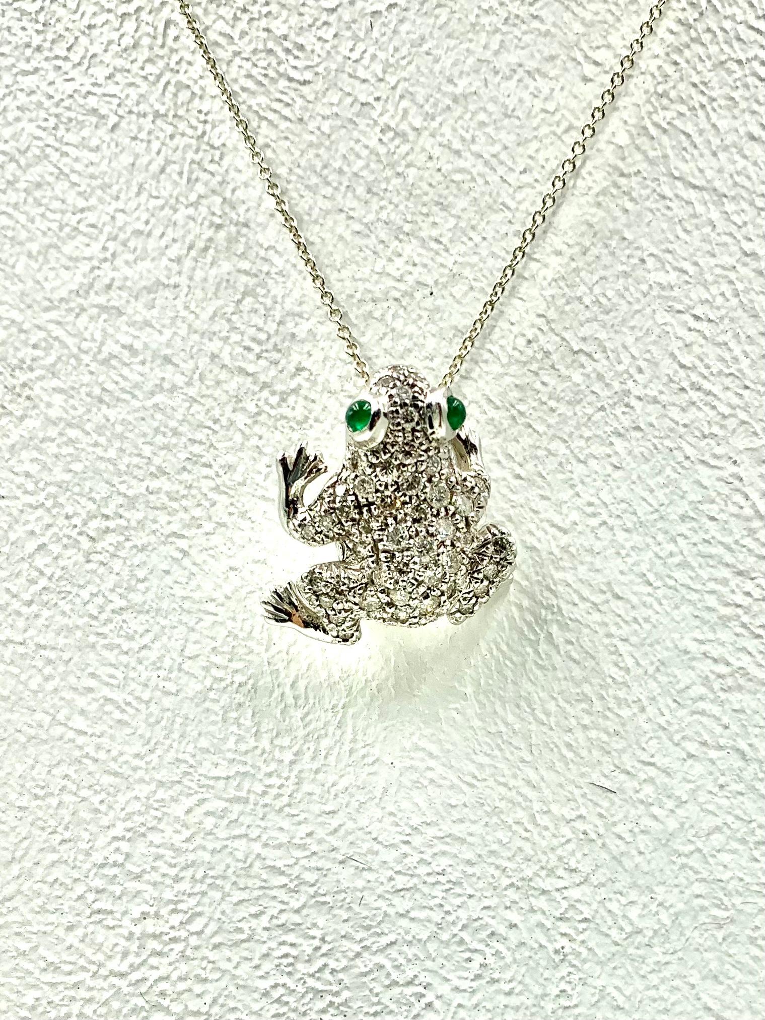 Diamond 18K White Gold Frog Brooch, Pendant with Cabochon Emerald Eyes, Talisman For Sale 2