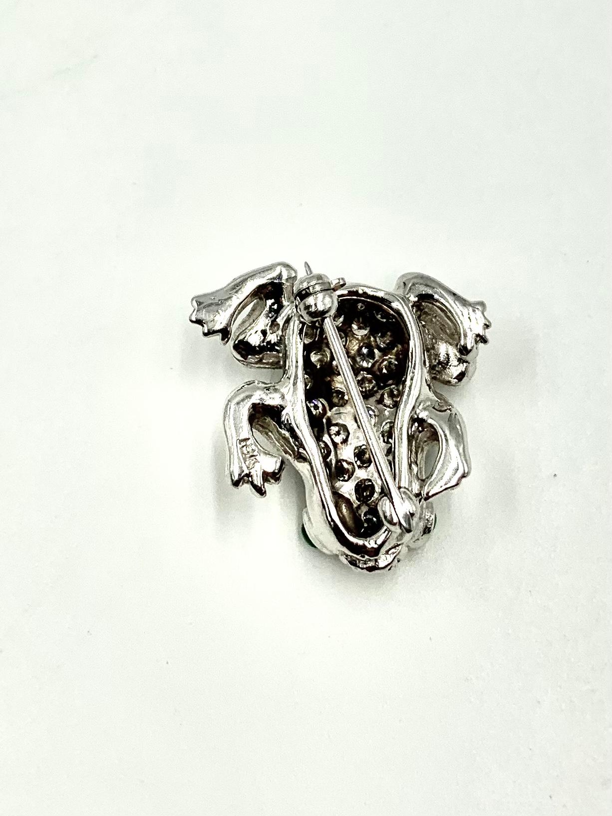 Romantic Diamond 18K White Gold Frog Brooch, Pendant with Cabochon Emerald Eyes, Talisman For Sale