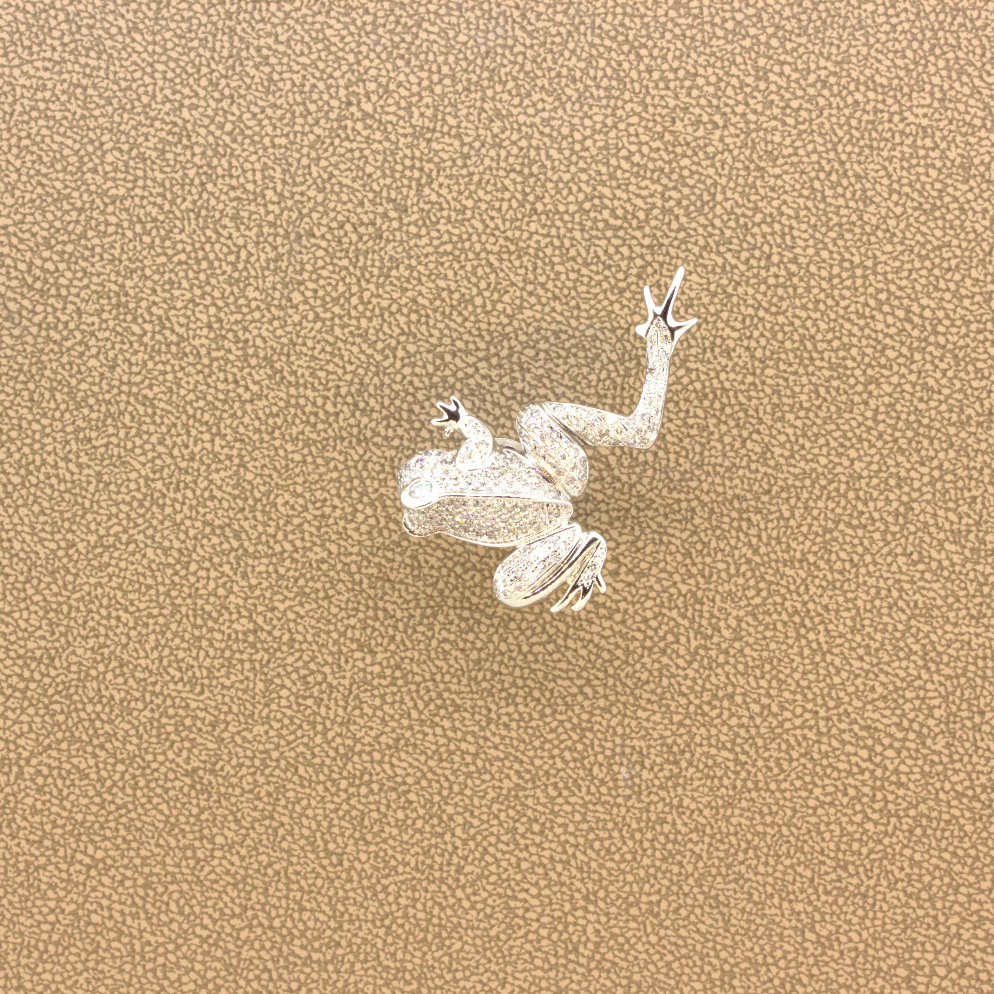 Women's Diamond 18K White Gold Frog Pin For Sale