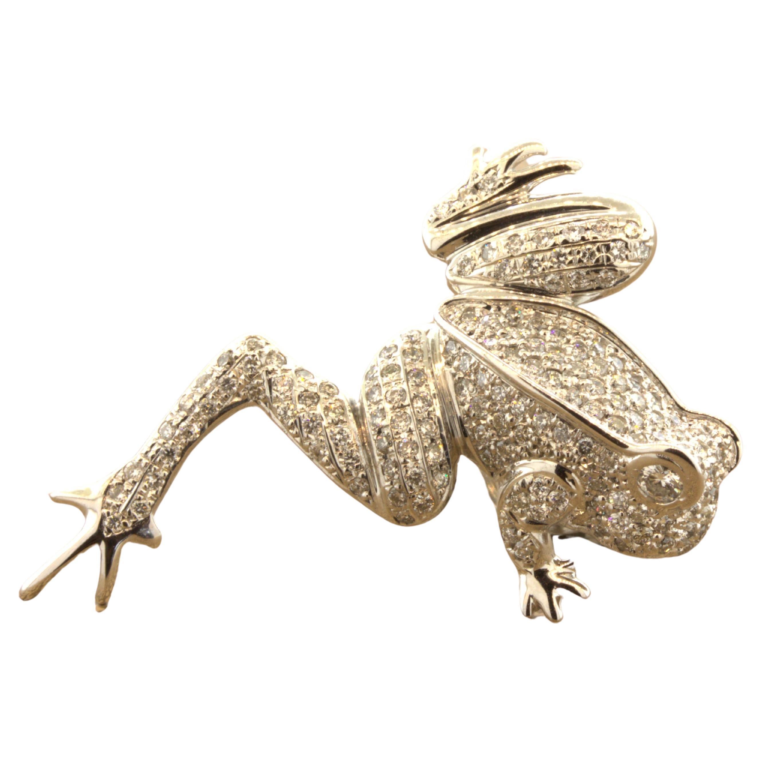 Diamond 18K White Gold Frog Pin For Sale
