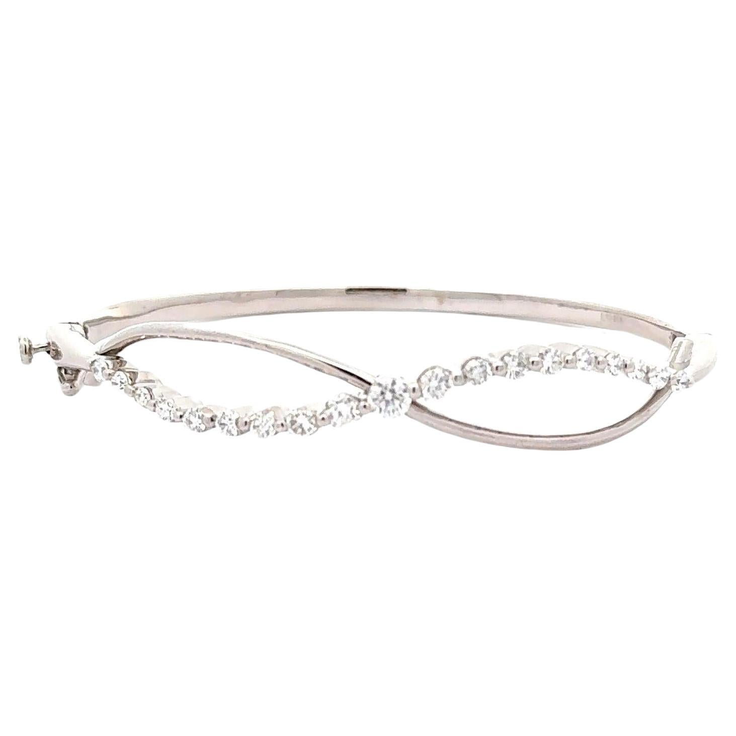 Diamond 18k White Gold Infinity Row Ribbon Bangle Bracelet For Sale