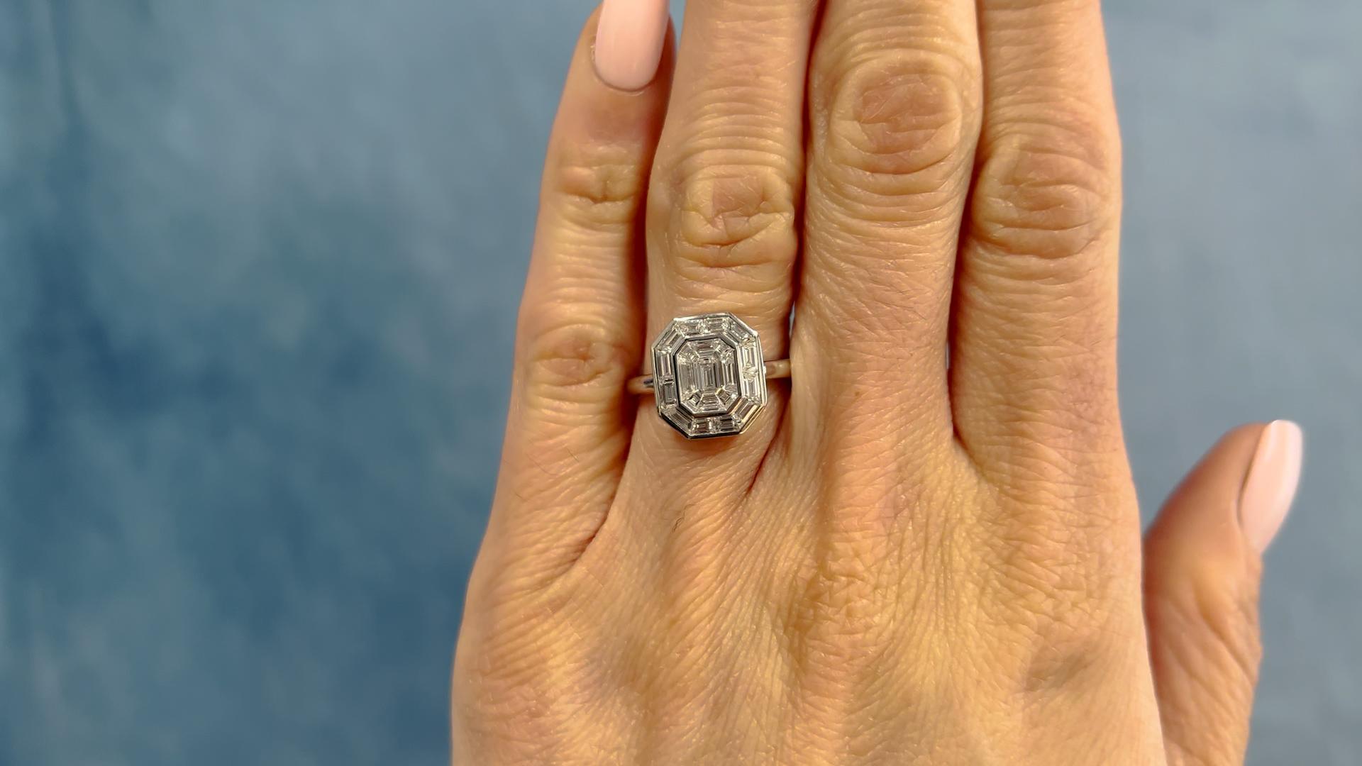 Diamant 18k Weißgold Unsichtbarer Set Ring (Gemischter Schliff)