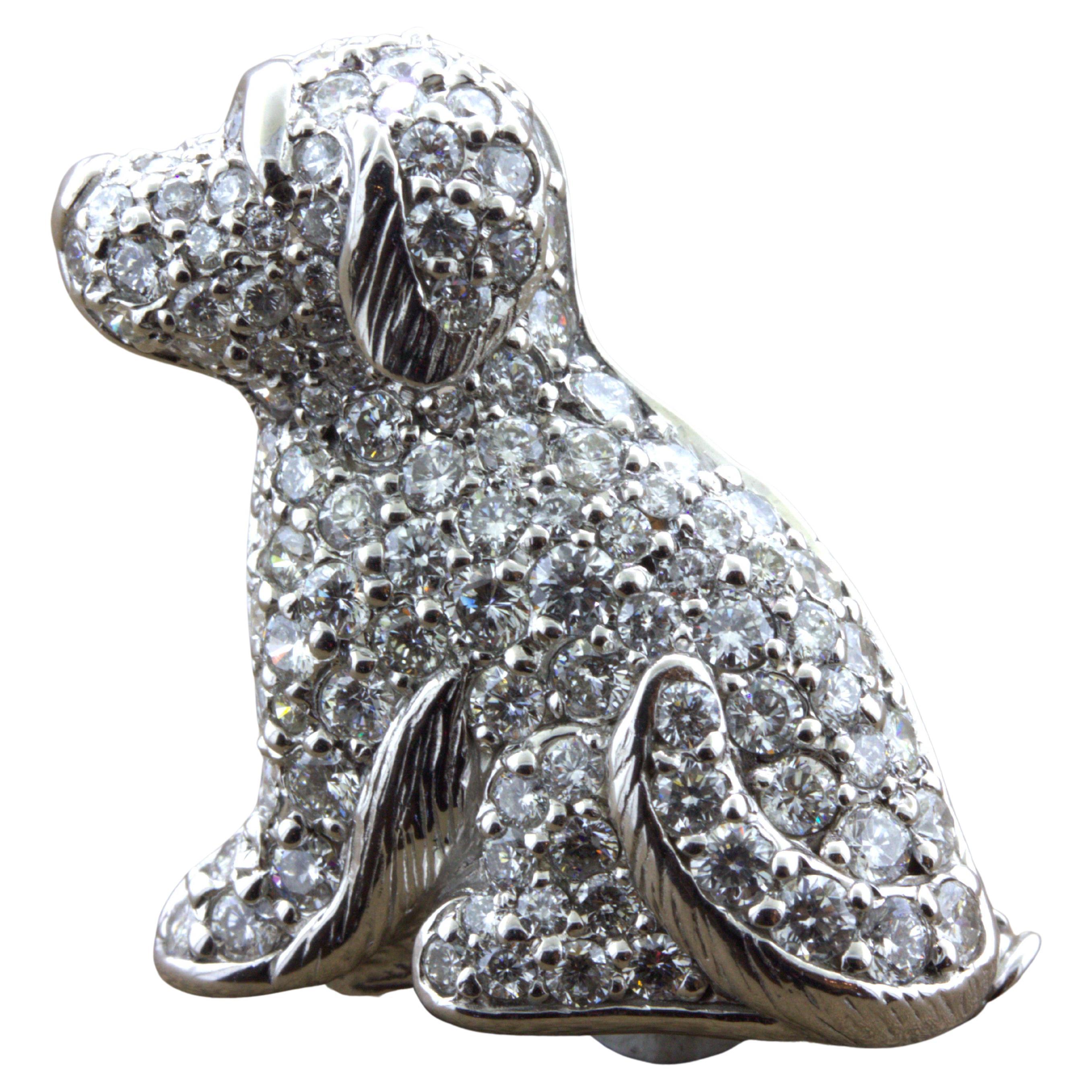 Diamond 18K White Gold Puppy Dog Brooch For Sale