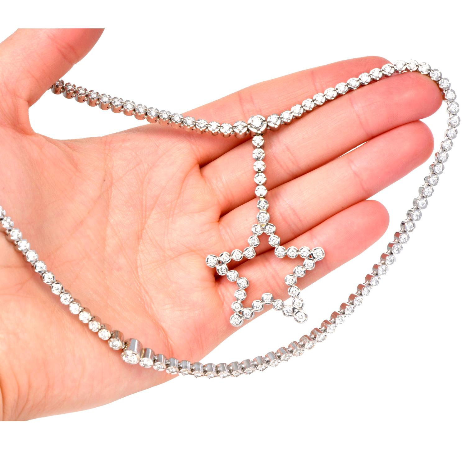 Modern Diamond 18K White Gold Riviera Star Drop Tennis Link Necklace For Sale