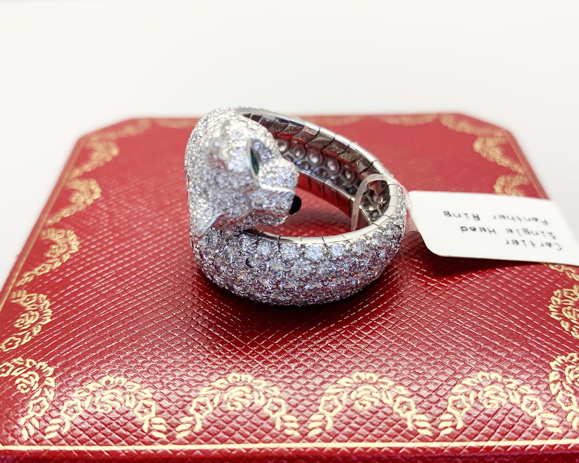 Women's or Men's Cartier Diamond 18 Karat White Gold Single Head Panthere Ring