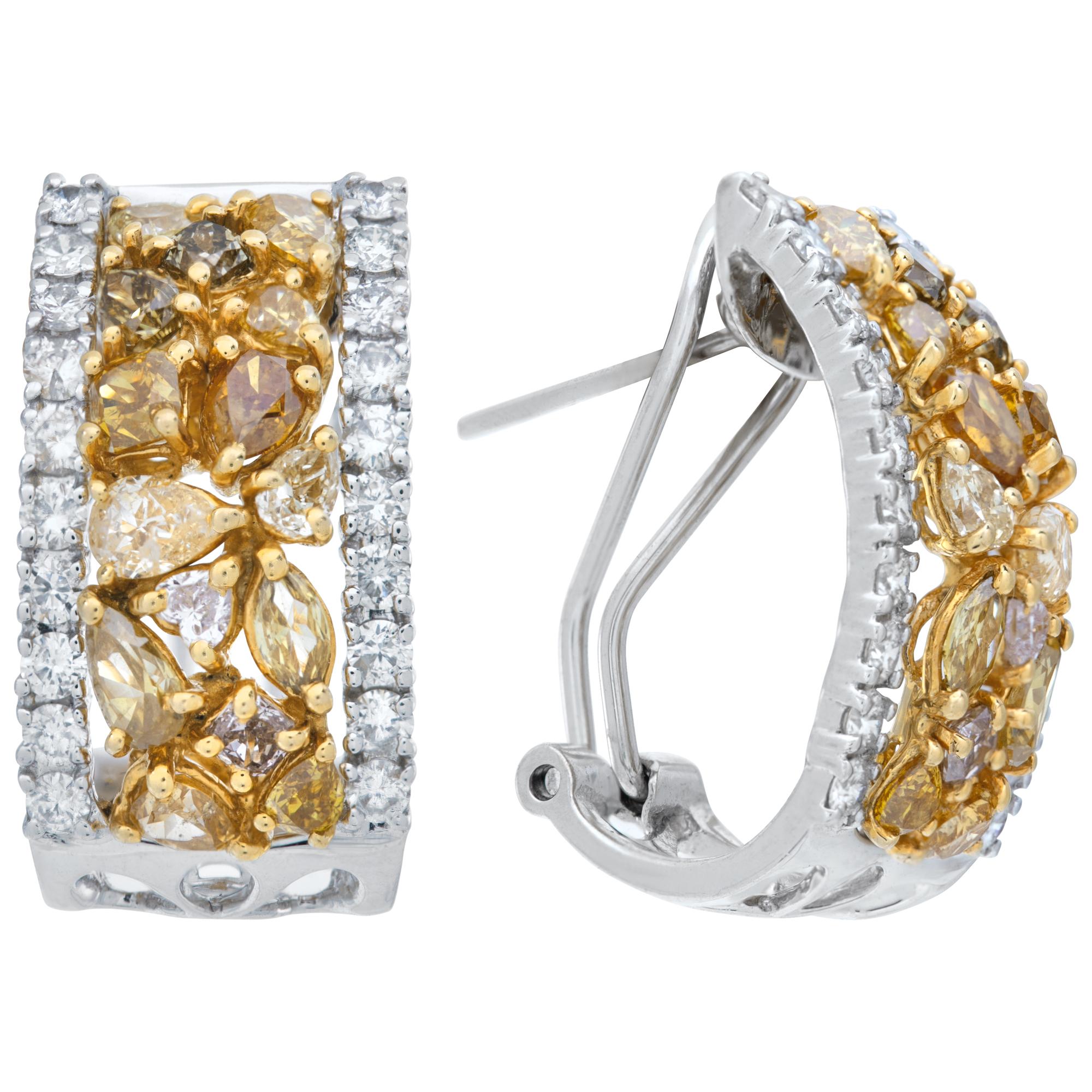 Stunning 18k white & yellow gold 'huggies' earrings with 3.44 carats in marquise, pear and cushion cut Fancy Yellow Diamonds and 0.71 carat in round brilliant cut diamonds. Length 21.6mm, width 12mm.