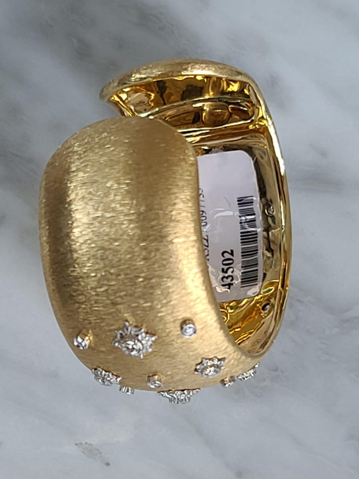 Round Cut Diamond 18K Yellow and White Gold Cuff Link Modern Bracelet in Florentine Finish
