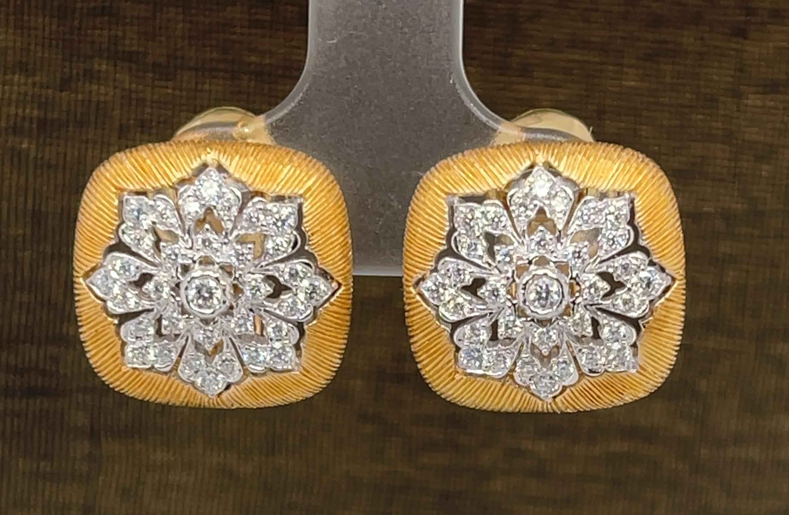 Florentine Diamond French Clip Earrings in 18k Yellow and White Gold  For Sale 2