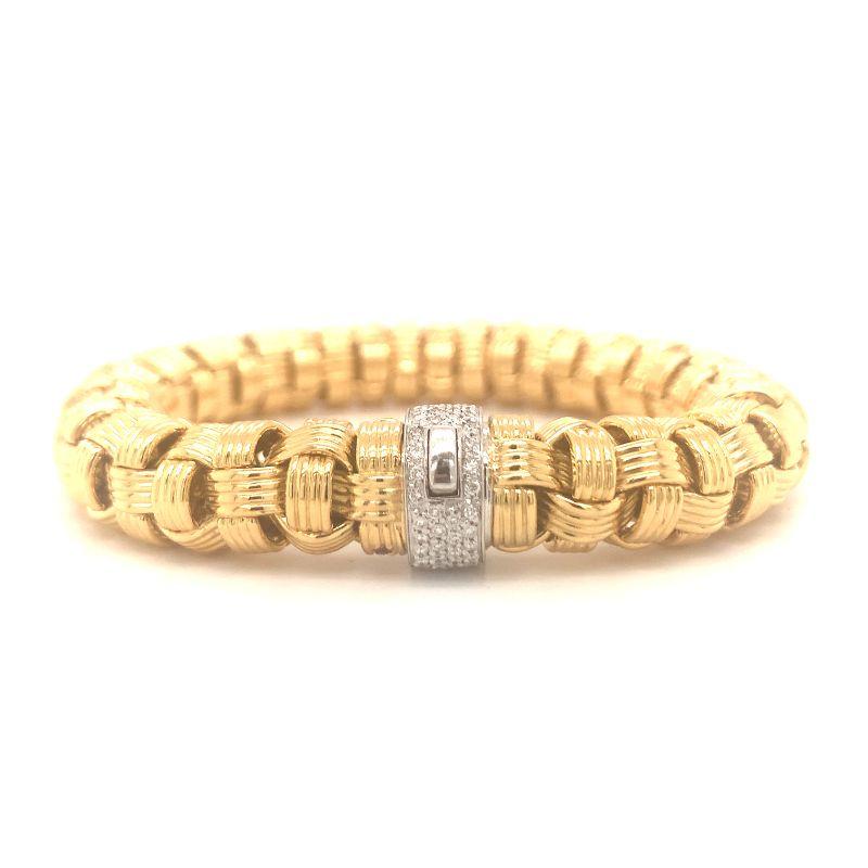 One diamond Appassioinata 18K yellow gold bracelet by Roberto Coin featuring a flexible make and ribbed, high polish links measuring 10 millimeters wide. Diamond clasp with 76 round brilliant cut, pave set diamonds weighing approximately 0.42 ct.