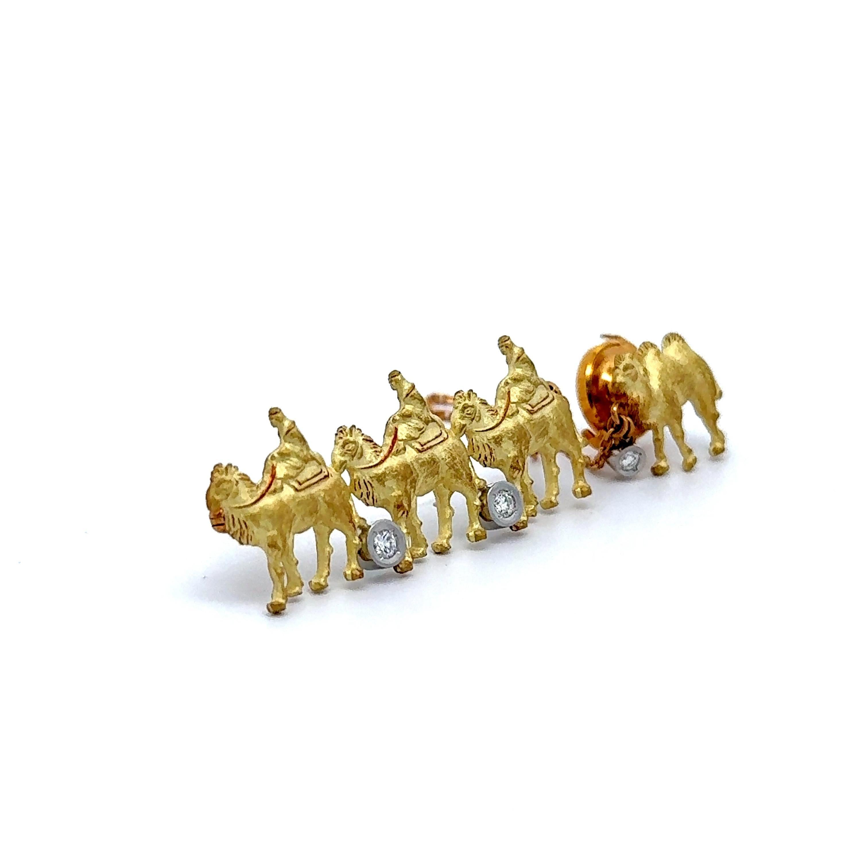 Contemporary Diamond 18k Yellow Gold Camel with Riders Brooch Tie-Pin Chain For Sale