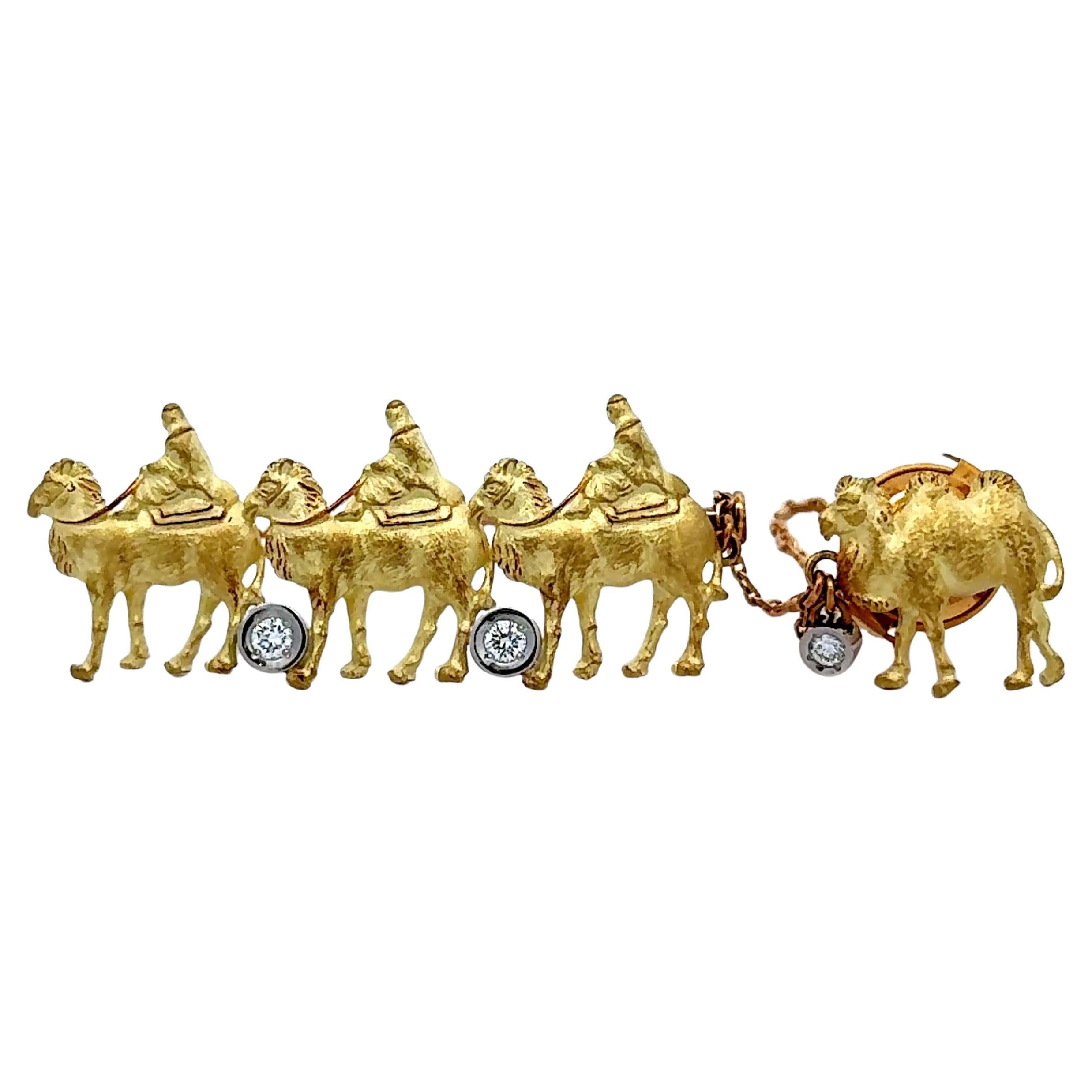 Diamond 18k Yellow Gold Camel with Riders Brooch Tie-Pin Chain