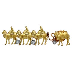 Diamond 18k Yellow Gold Camel with Riders Brooch Tie-Pin Chain