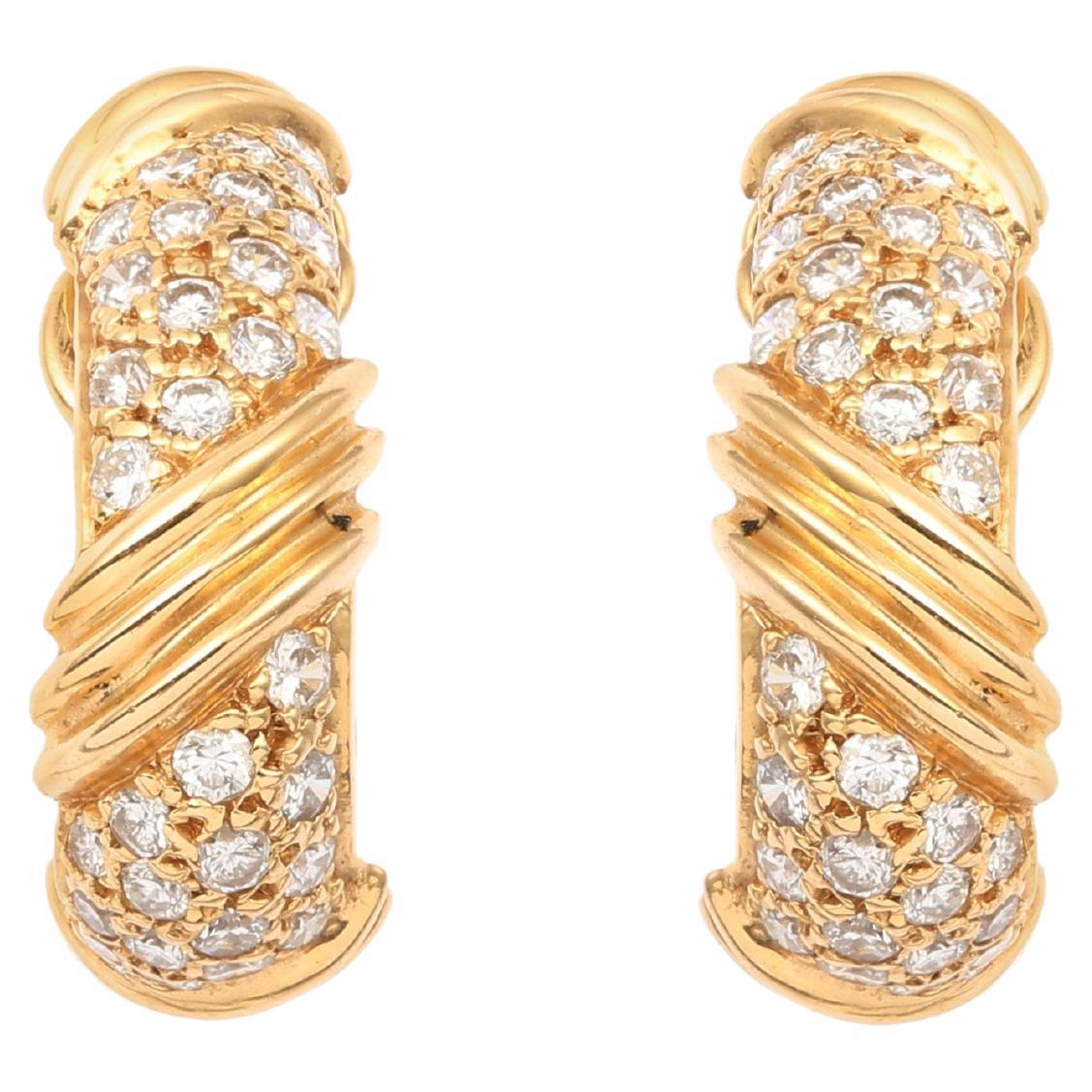 Cartier 18k Yellow Gold and Diamond Hoop Earrings For Sale at 1stDibs