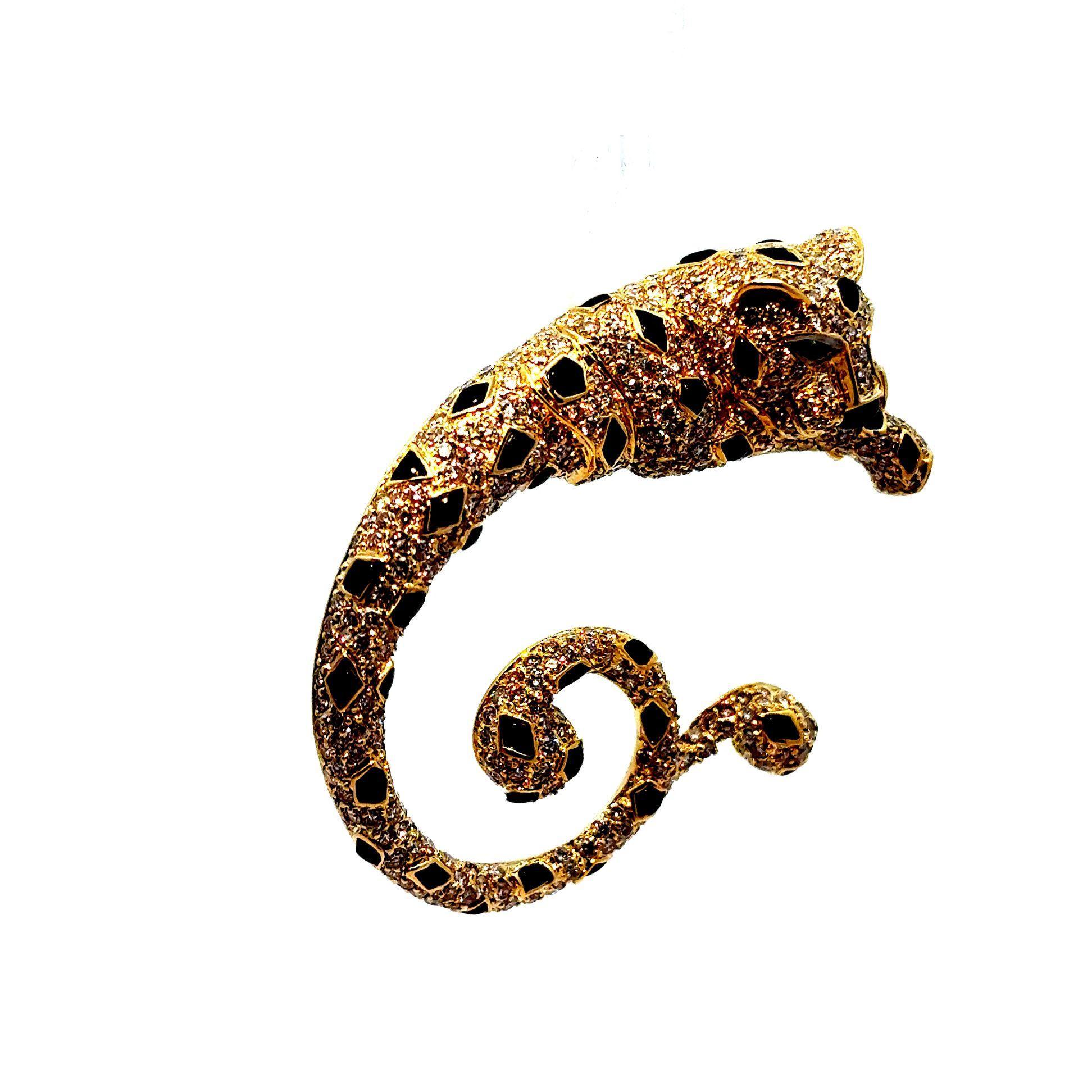 Diamant 18 Karat Gelbgold Onyx Tsavorit Leopard Brosche & Anhänger (Zeitgenössisch) im Angebot