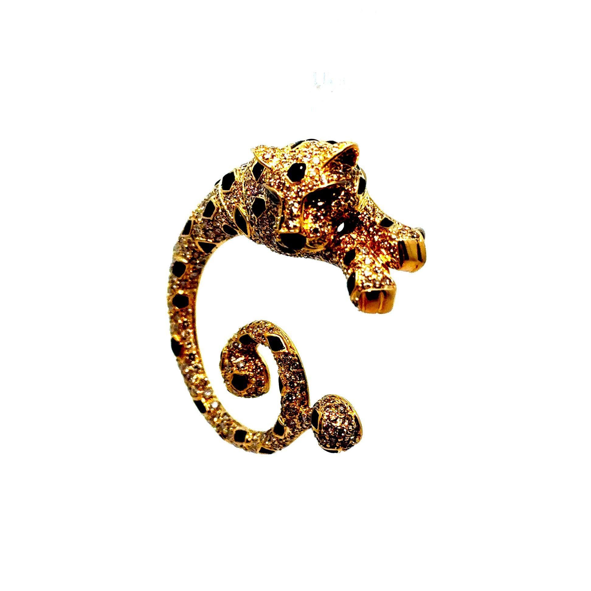 Diamant 18 Karat Gelbgold Onyx Tsavorit Leopard Brosche & Anhänger (Rundschliff) im Angebot