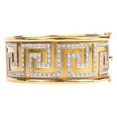 Diamond 18 Karat Yellow White Gold Greek Pattern Cuff Bracelet