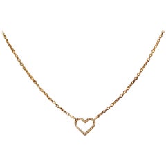 18 Karat Solid Yellow Gold White Diamond Heart Pendant Chain Necklace 