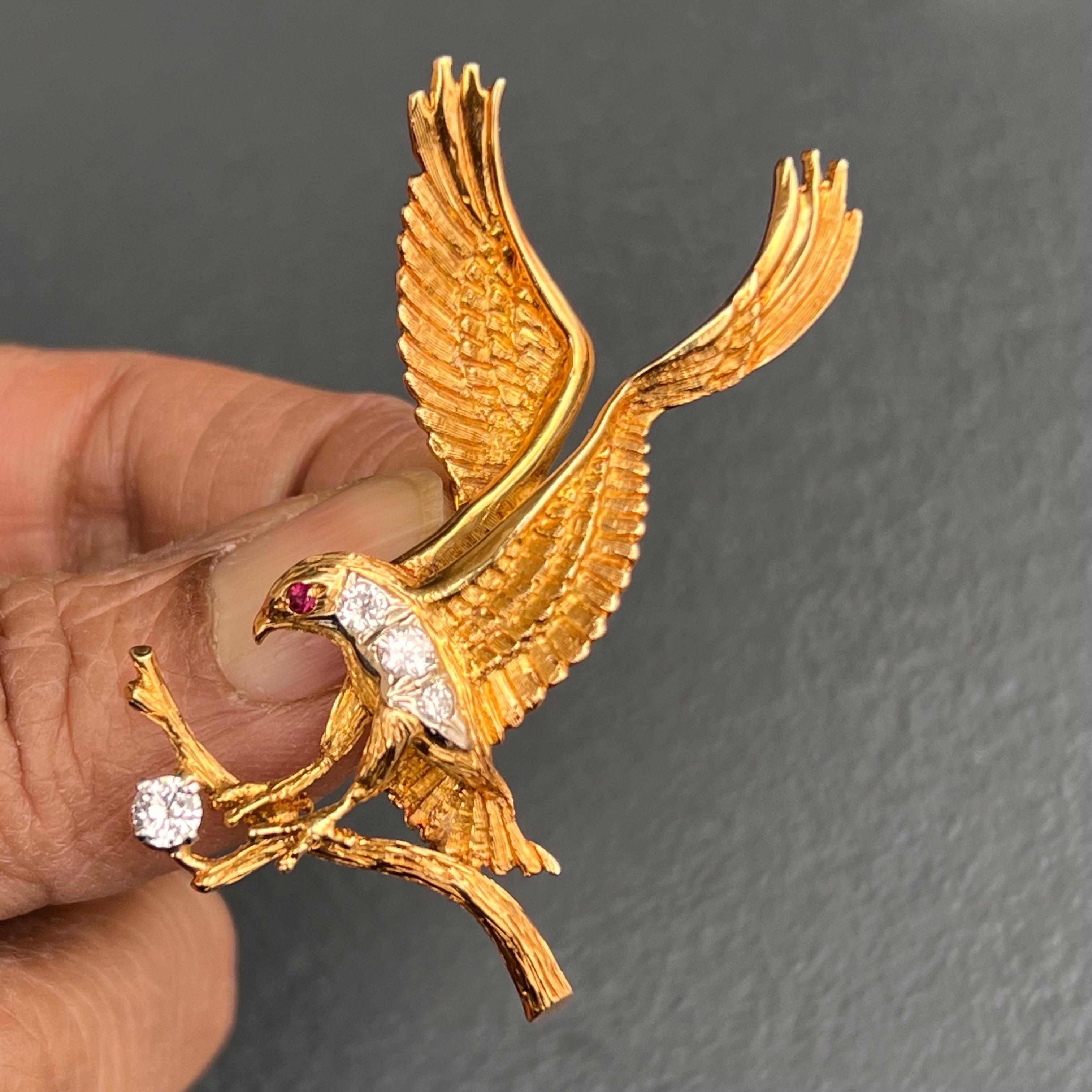 Diamond 18 Karat Gold American Bald Eagle Pin with Ruby Eyes For Sale 2