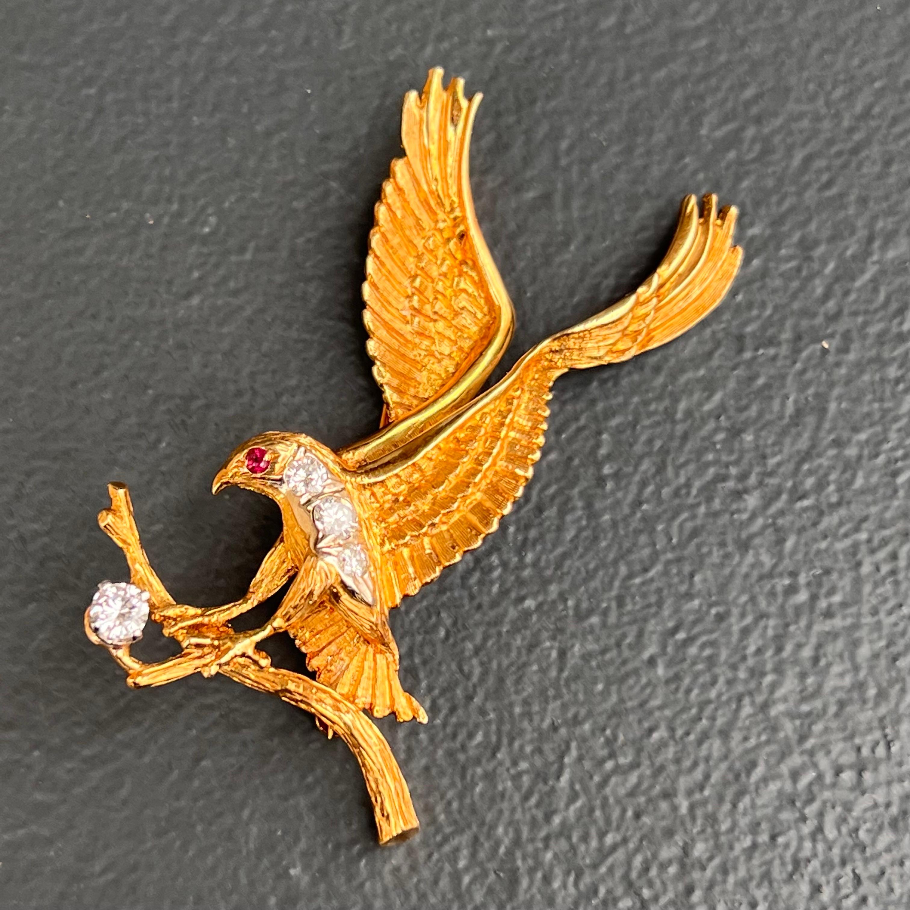 Diamond 18 Karat Gold American Bald Eagle Pin with Ruby Eyes For Sale 4