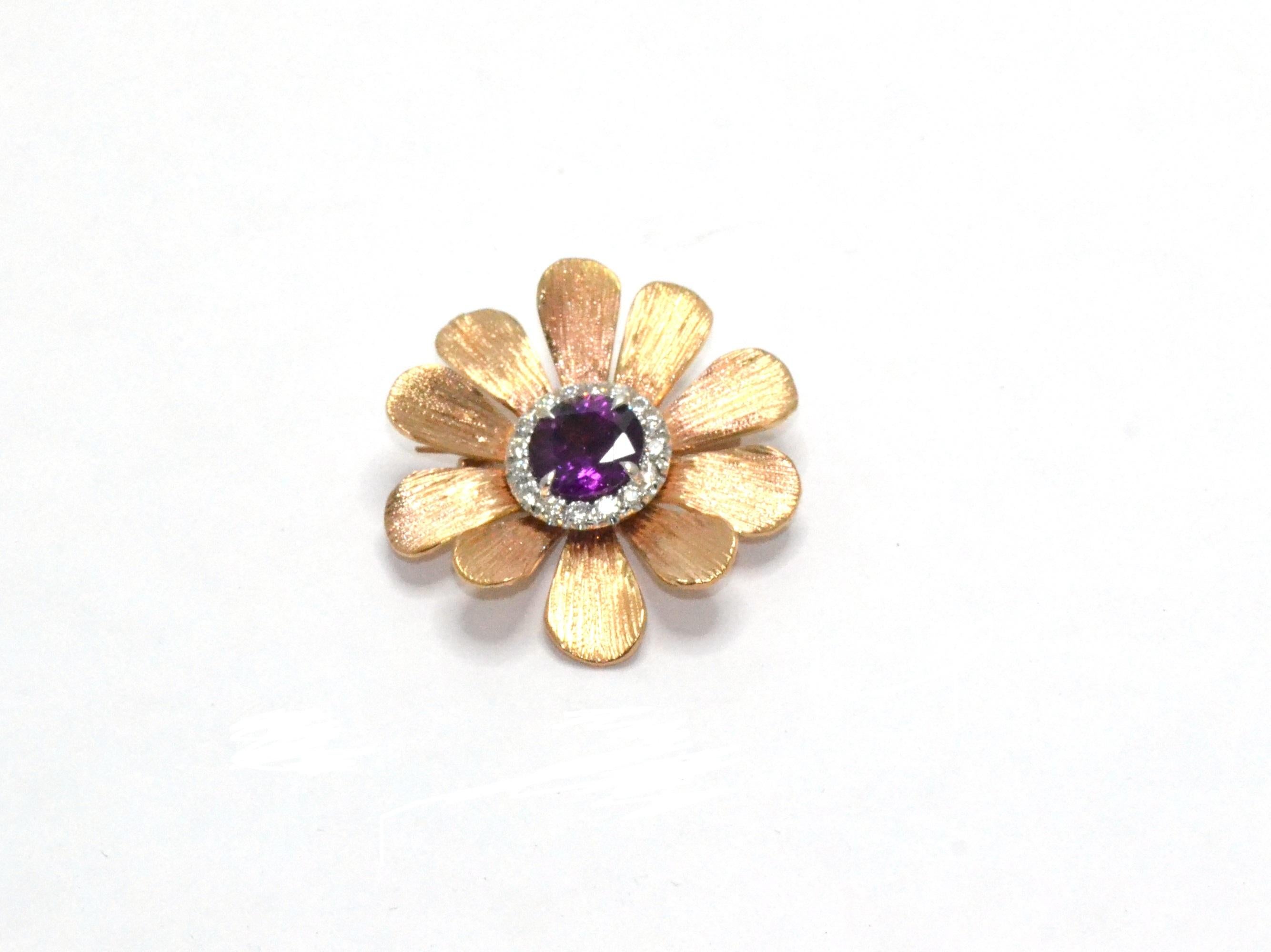Contemporary  Diamond 18KT Rose Gold Purple Garnet Happy Flower Brooch Pendant For Sale