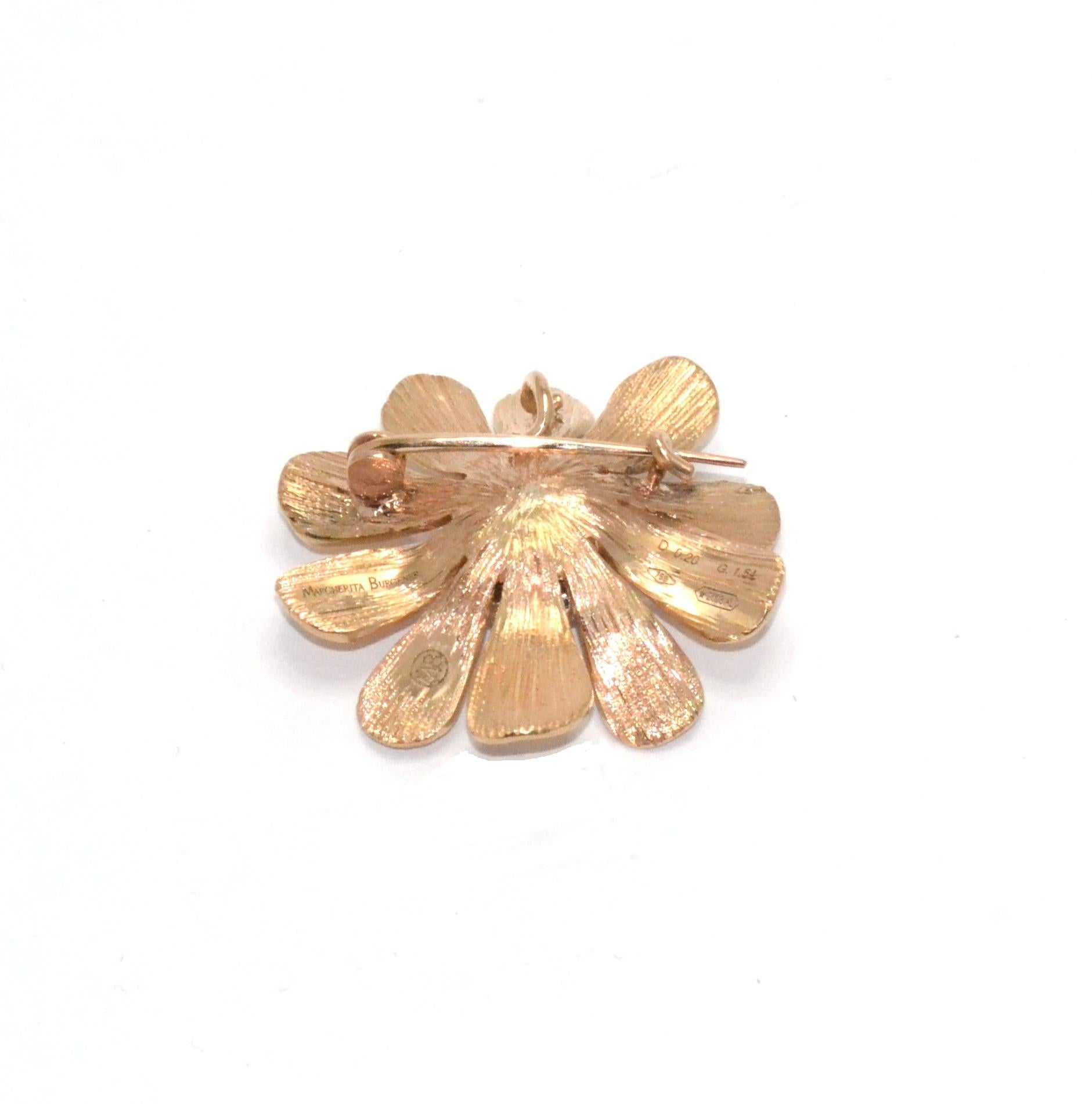 Round Cut  Diamond 18KT Rose Gold Purple Garnet Happy Flower Brooch Pendant For Sale