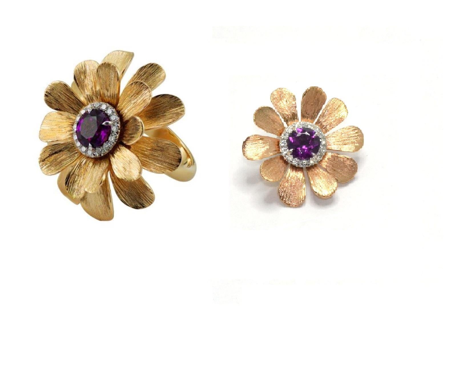 Diamond 18KT Rose Gold Purple Garnet Happy Flower Brooch Pendant In New Condition For Sale In Valenza , IT