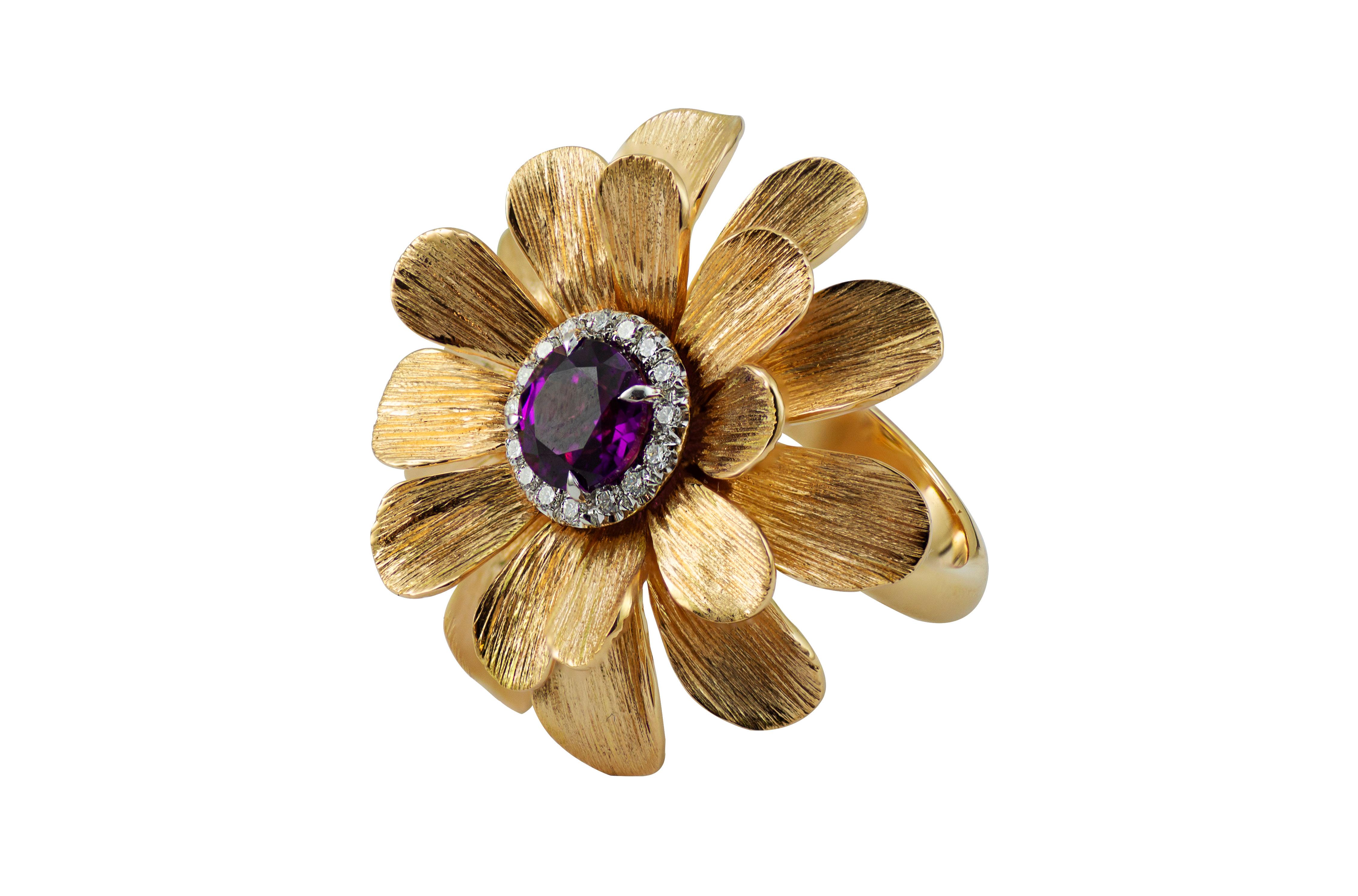 Women's  Diamond 18KT Rose Gold Purple Garnet Happy Flower Brooch Pendant For Sale