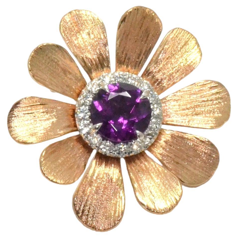  Diamond 18KT Rose Gold Purple Garnet Happy Flower Brooch Pendant For Sale