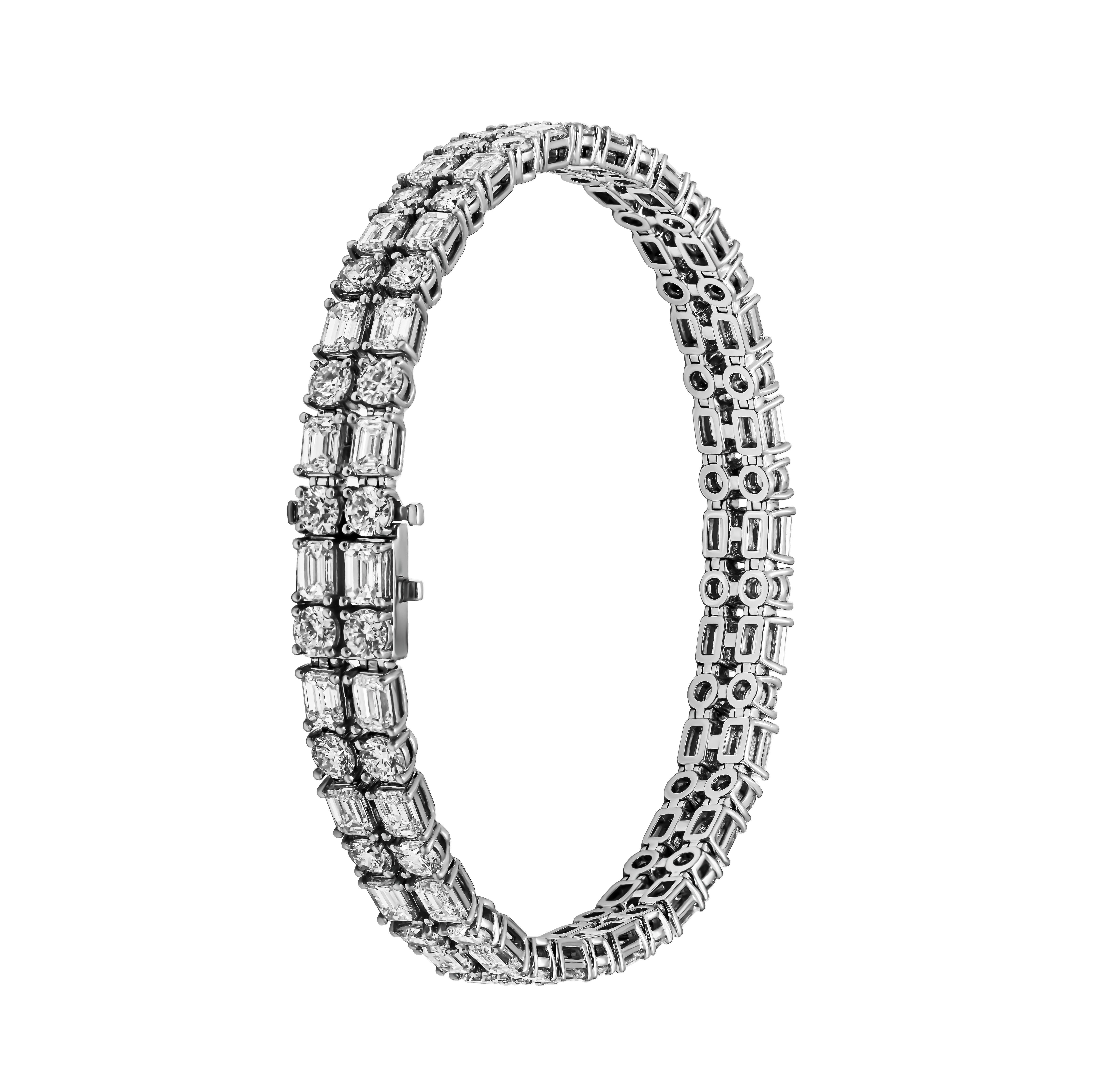 Diamond Tennis Bracelet 2 row with alternating Emerald cut & Round Diamonds
Mounted in Platinum 950
44 Round Diamonds totaling 6.08ct F/G Color & VS clarity
44 Emerald Cut Diamonds totaling 9.38ct  F/G Color & VS clarity
7.25