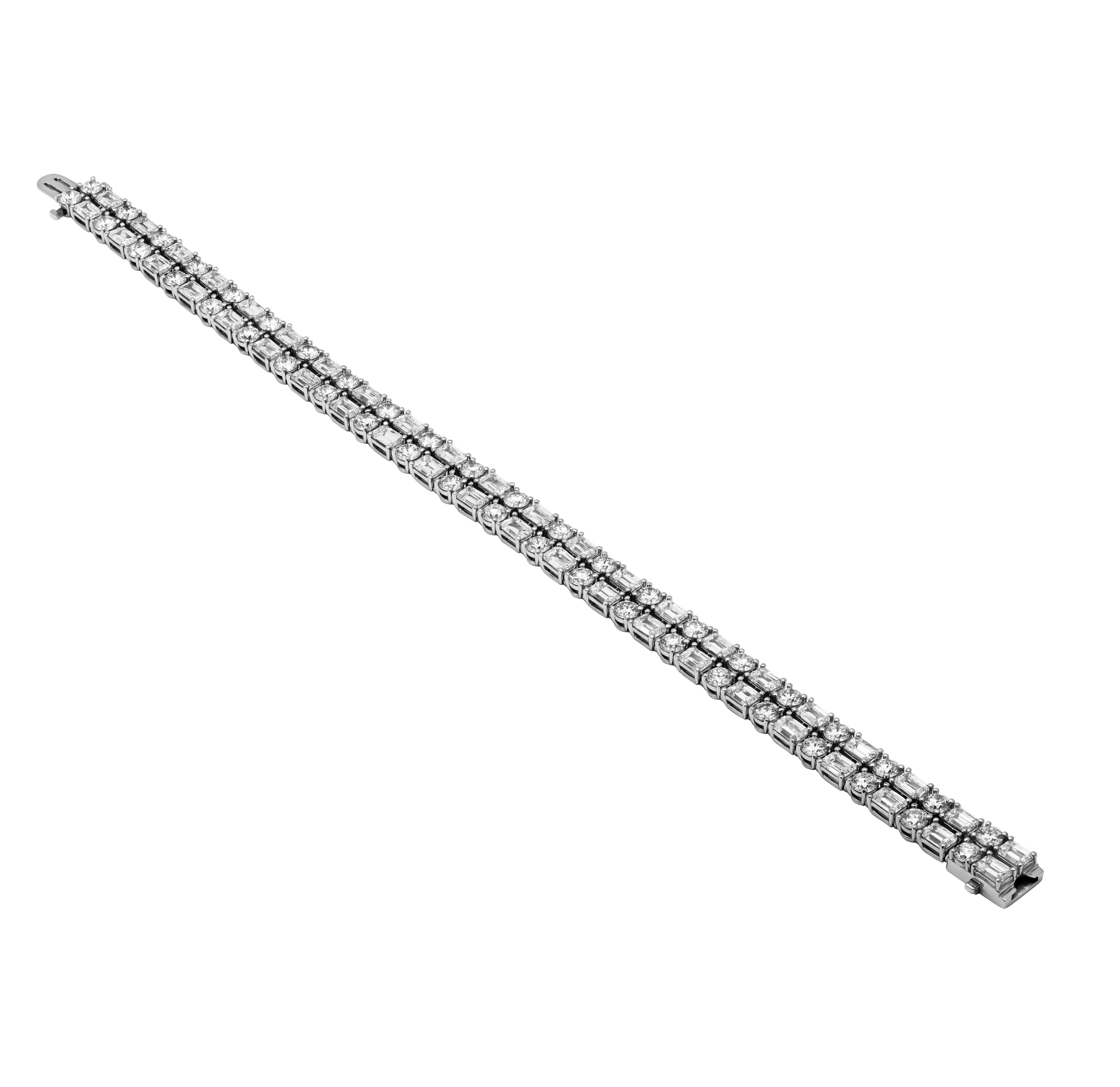 Modern Diamond 2 Row Tennis Bracelet with Emerald Cut and Round Diamonds For Sale