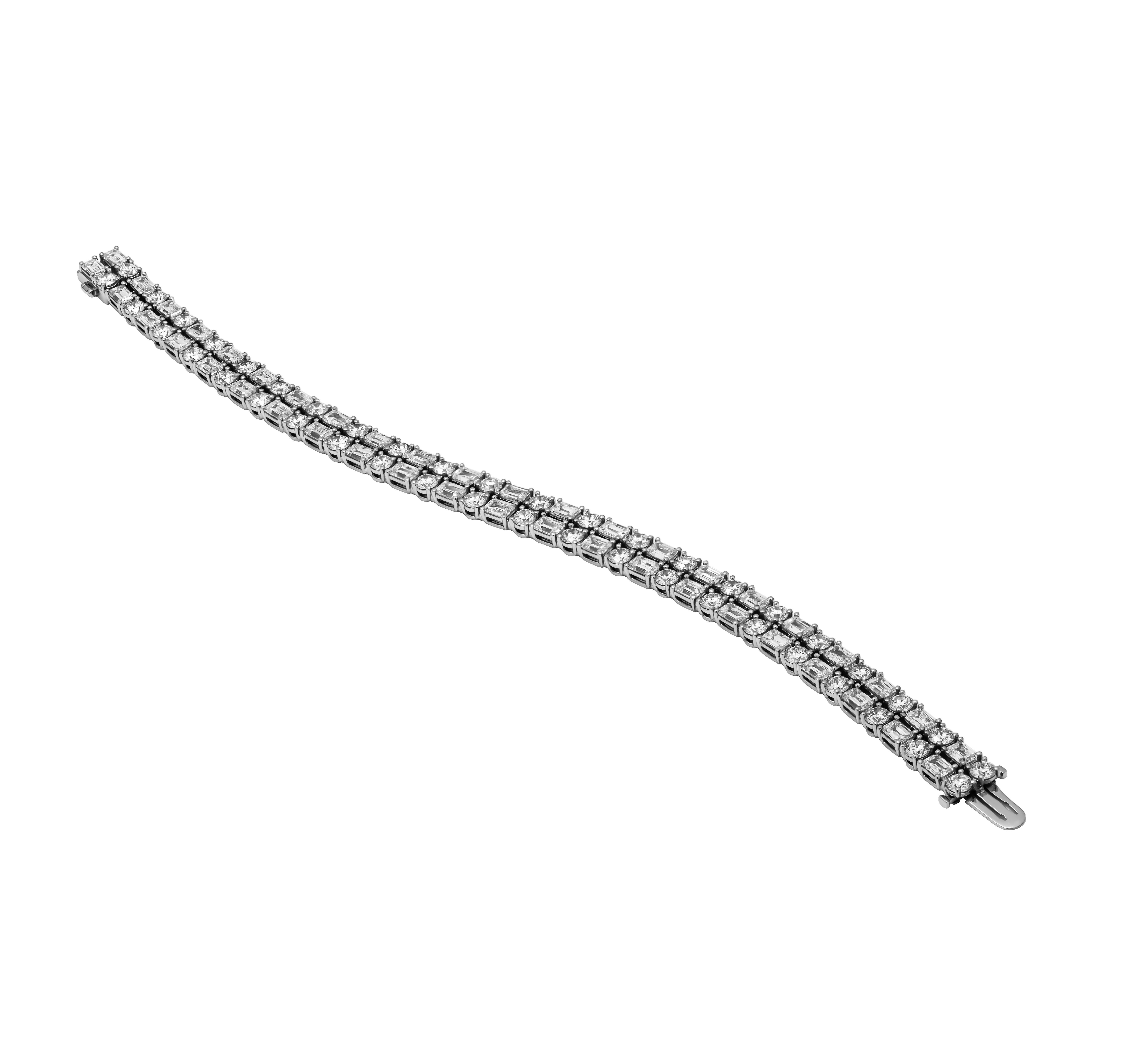 Diamond 2 Row Tennis Bracelet with Emerald Cut and Round Diamonds In New Condition For Sale In New York, NY