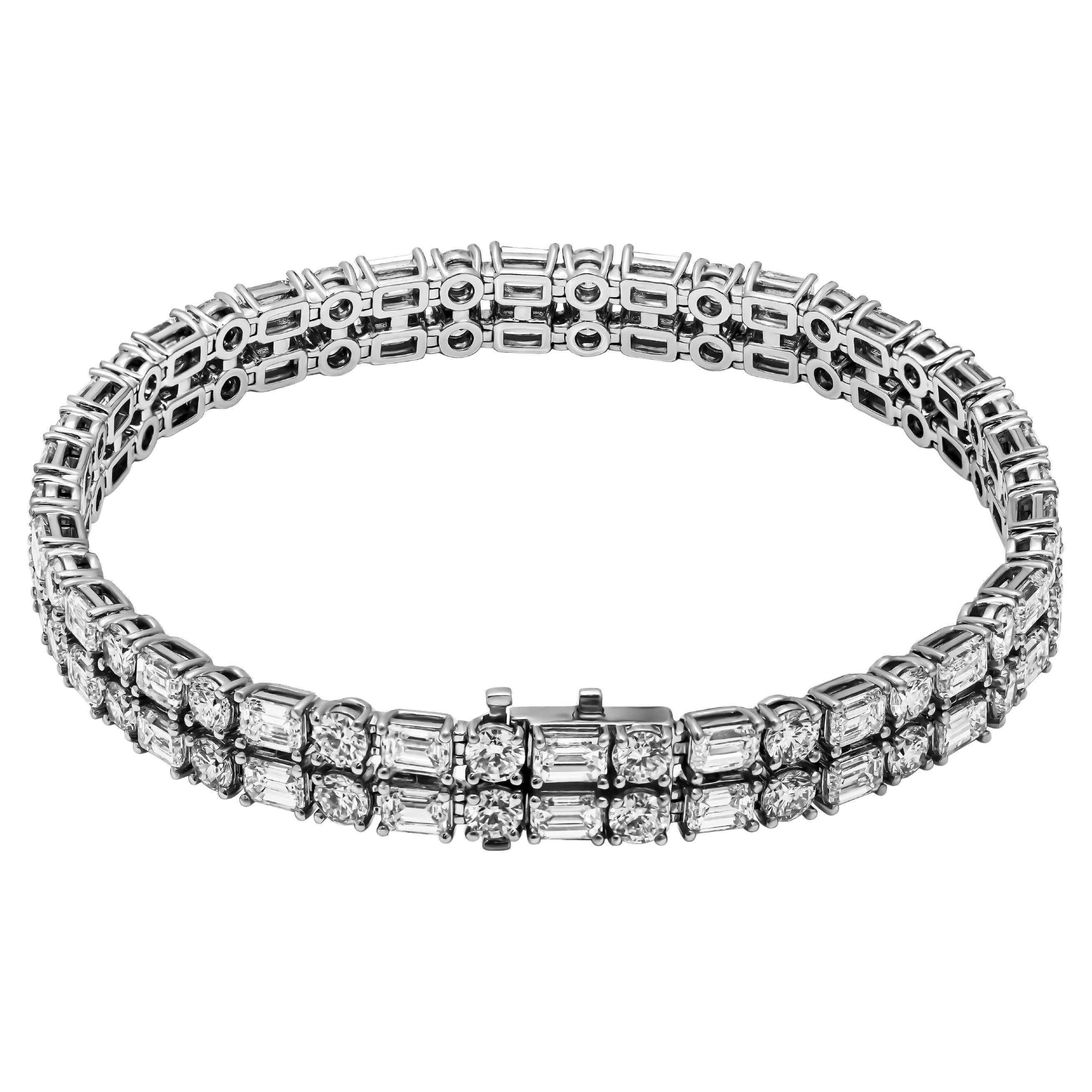 Diamond 2 Row Tennis Bracelet with Emerald Cut and Round Diamonds For Sale